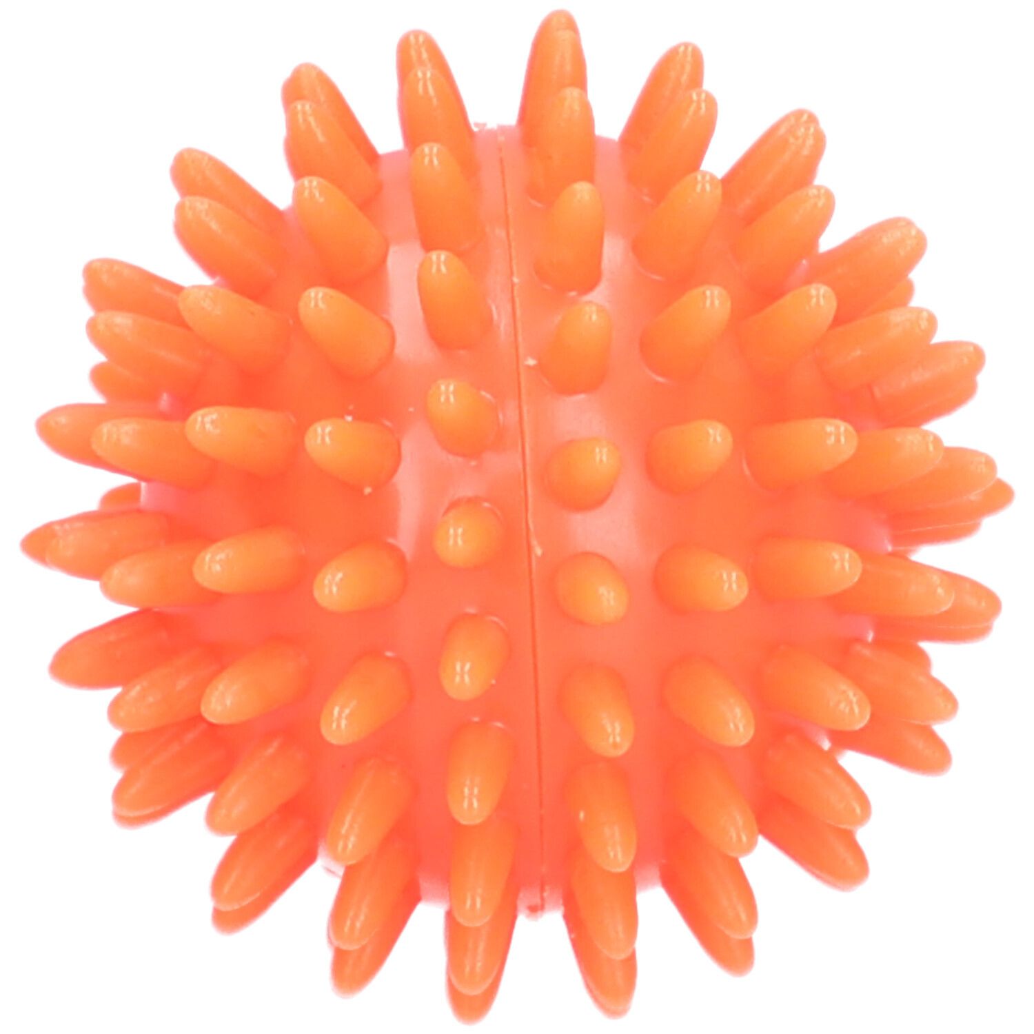 Balle de massage orange à picots. Forme sphérique, diamètre d'environ 6 cm. Surface avec de nombreuses protubérances coniques.