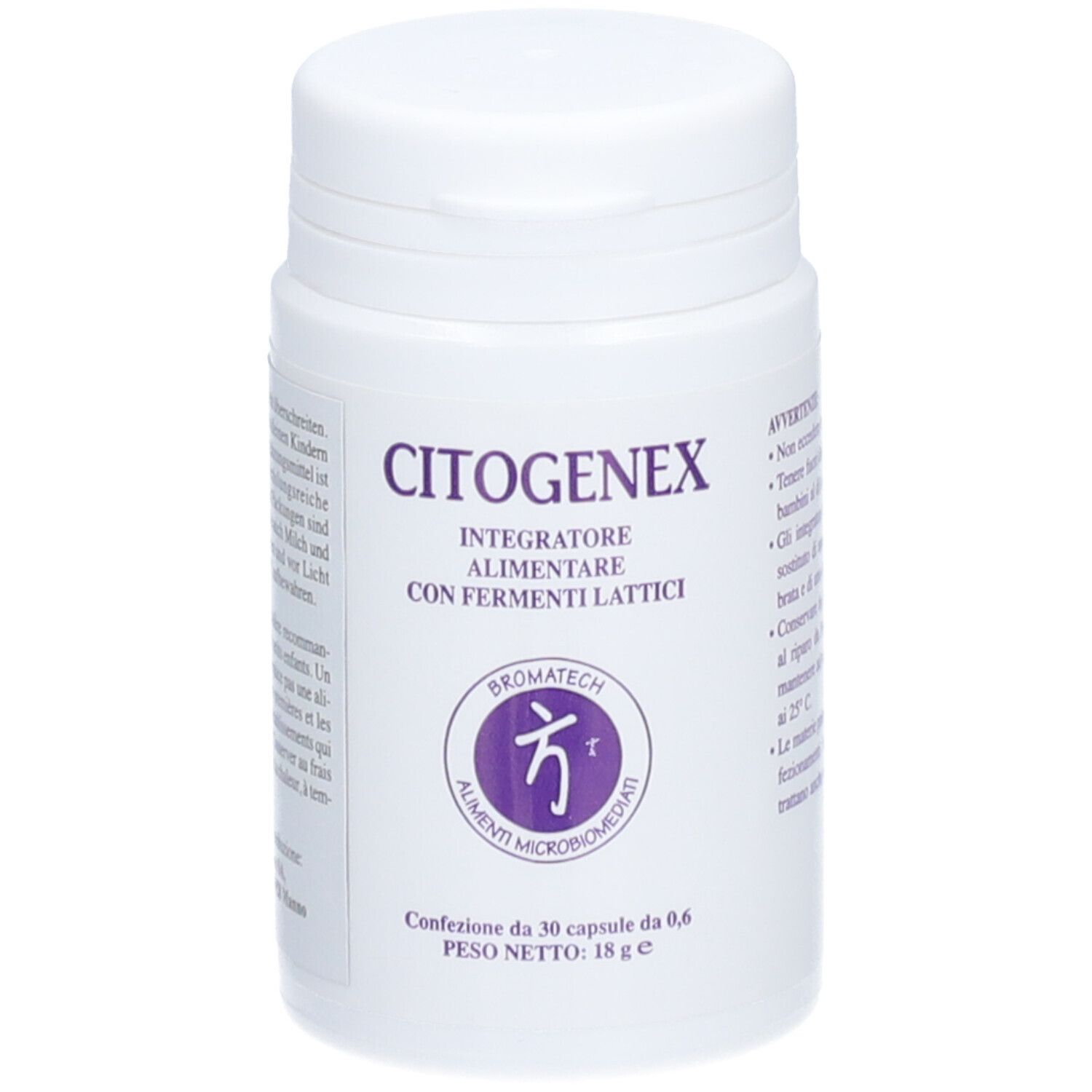 Flacon blanc CITOGENEX. Contient 30 capsules. Logo Bromatech. Texte en italien.