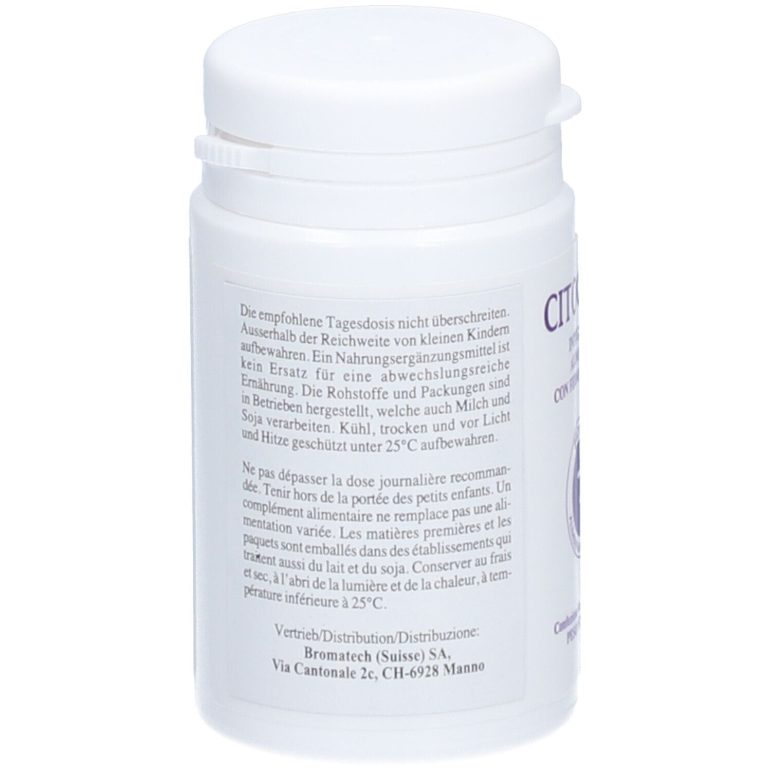 Dos du flacon blanc. Texte en allemand et français. Informations fabricant.