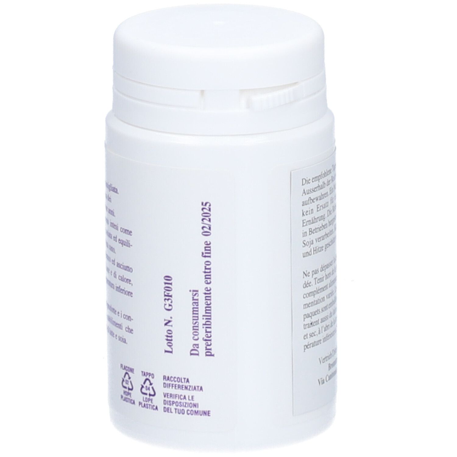 Dos du flacon blanc. Numéro de lot et date de péremption. Symboles de recyclage.