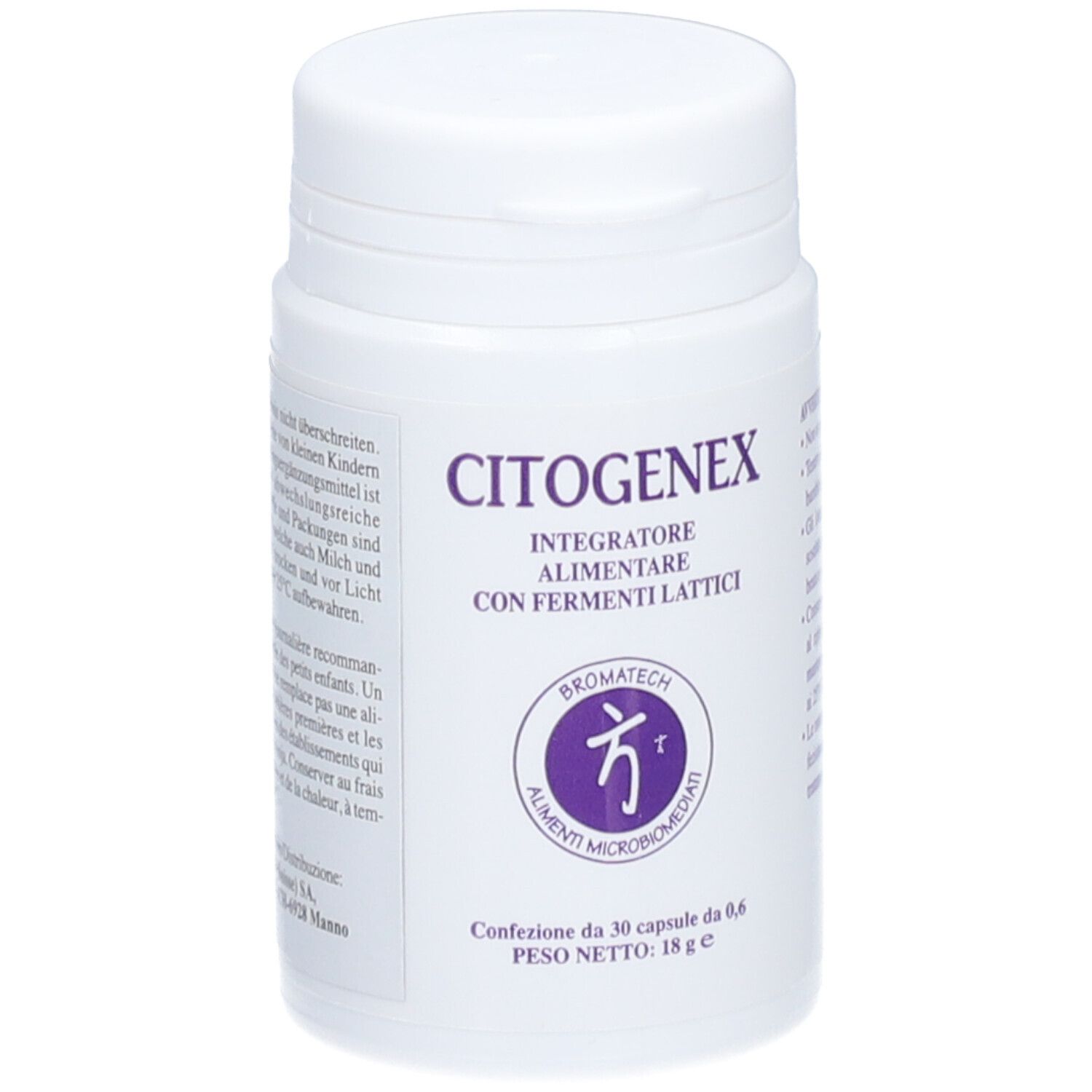 Flacon blanc CITOGENEX. Contient 30 capsules. Logo Bromatech. Texte en italien.