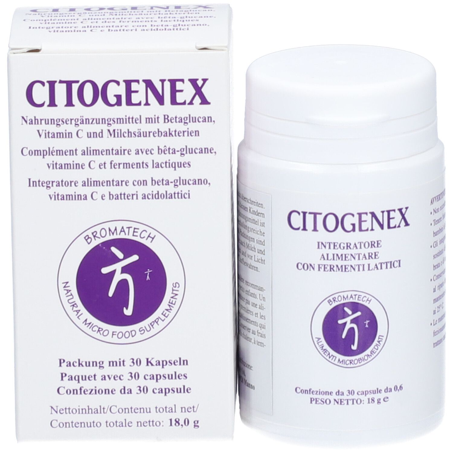 Boîte et flacon CITOGENEX. Boîte avec texte en allemand, français et italien. Logo Bromatech.
