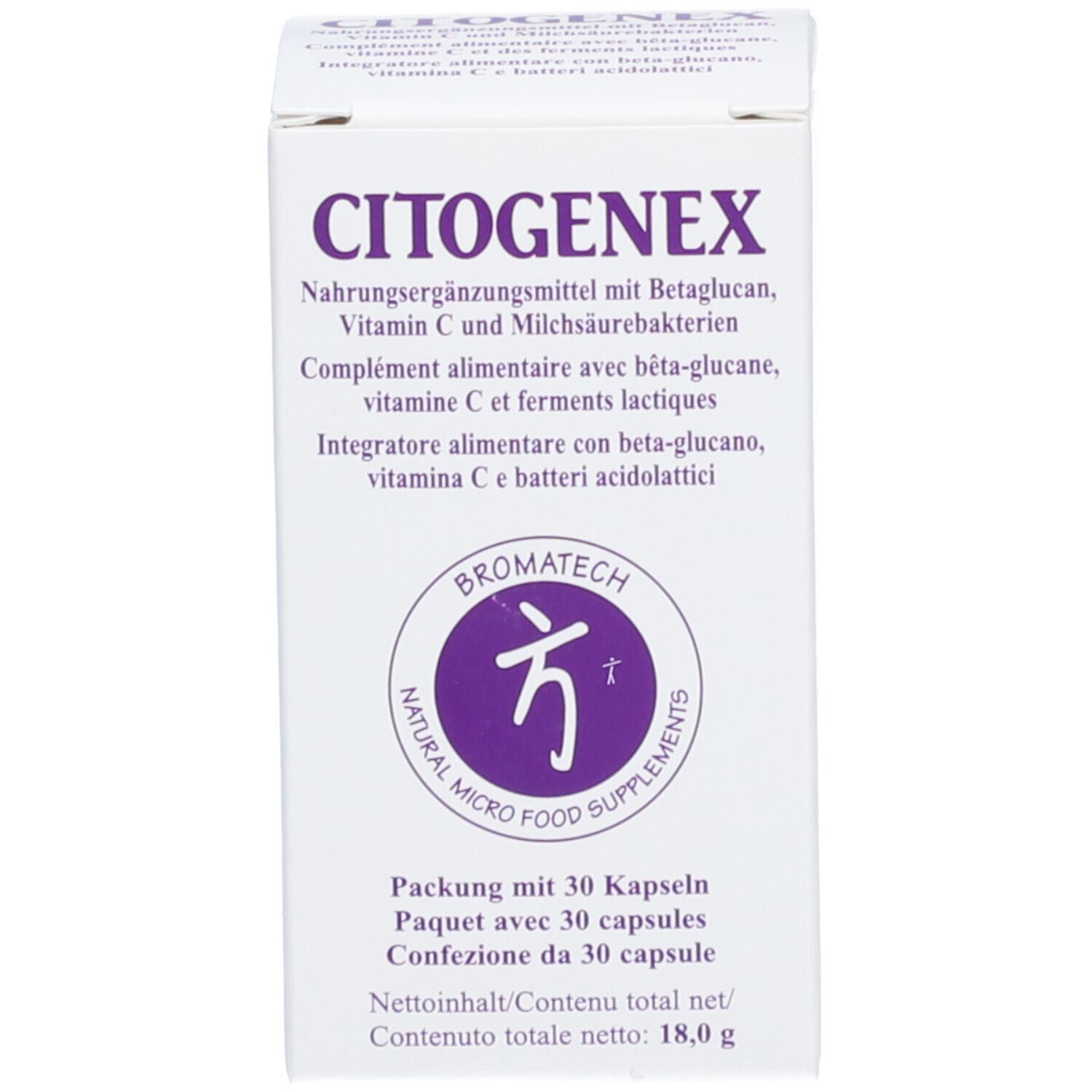 Boîte CITOGENEX. Texte en allemand, français et italien. Logo Bromatech.