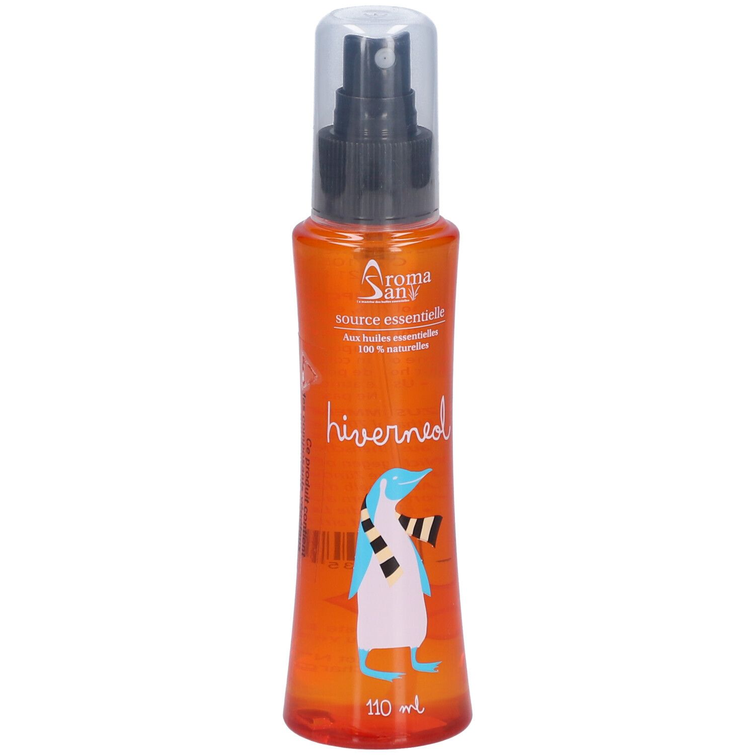Flacon spray orange avec tête de pulvérisation noire et bouchon transparent. Inscription 'hiverneol' et illustration de pingouin.