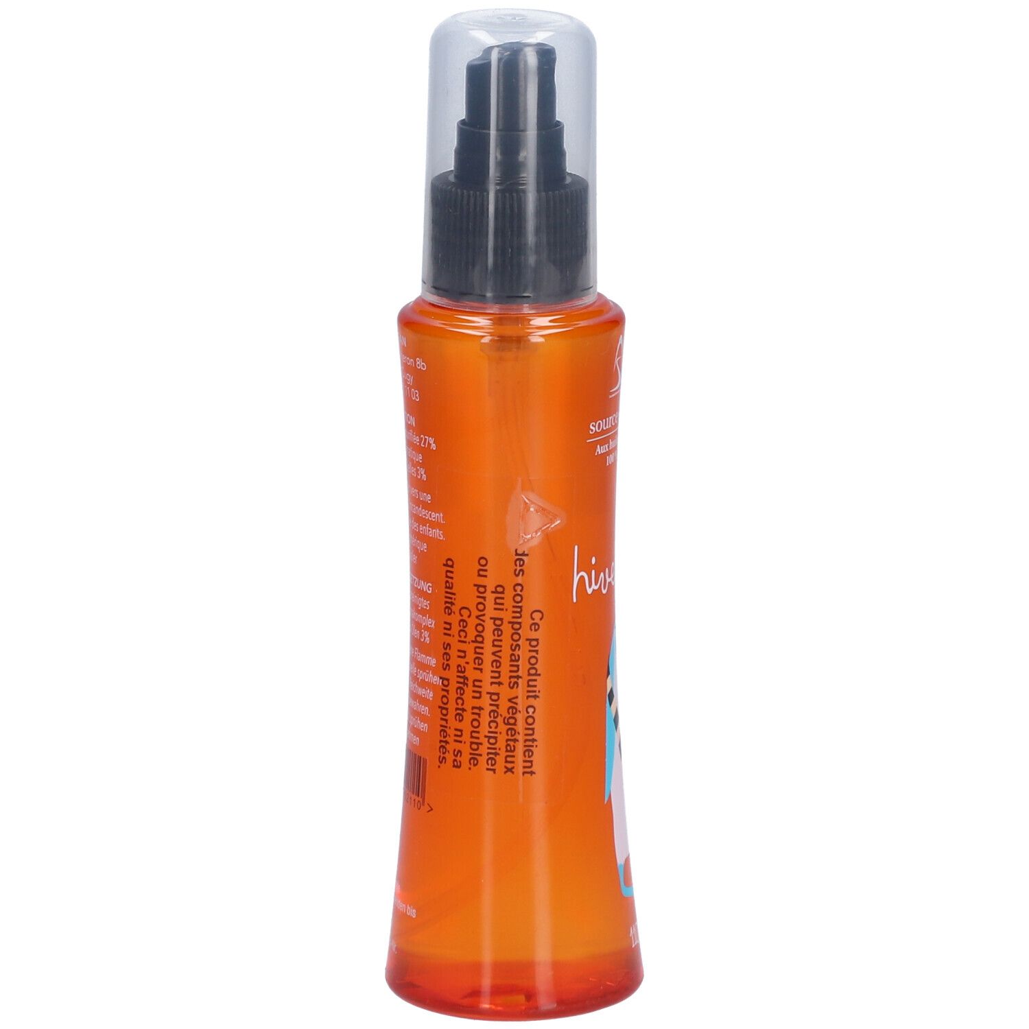 Vue arrière du flacon spray orange. Texte en français. Contient un autocollant de pingouin.