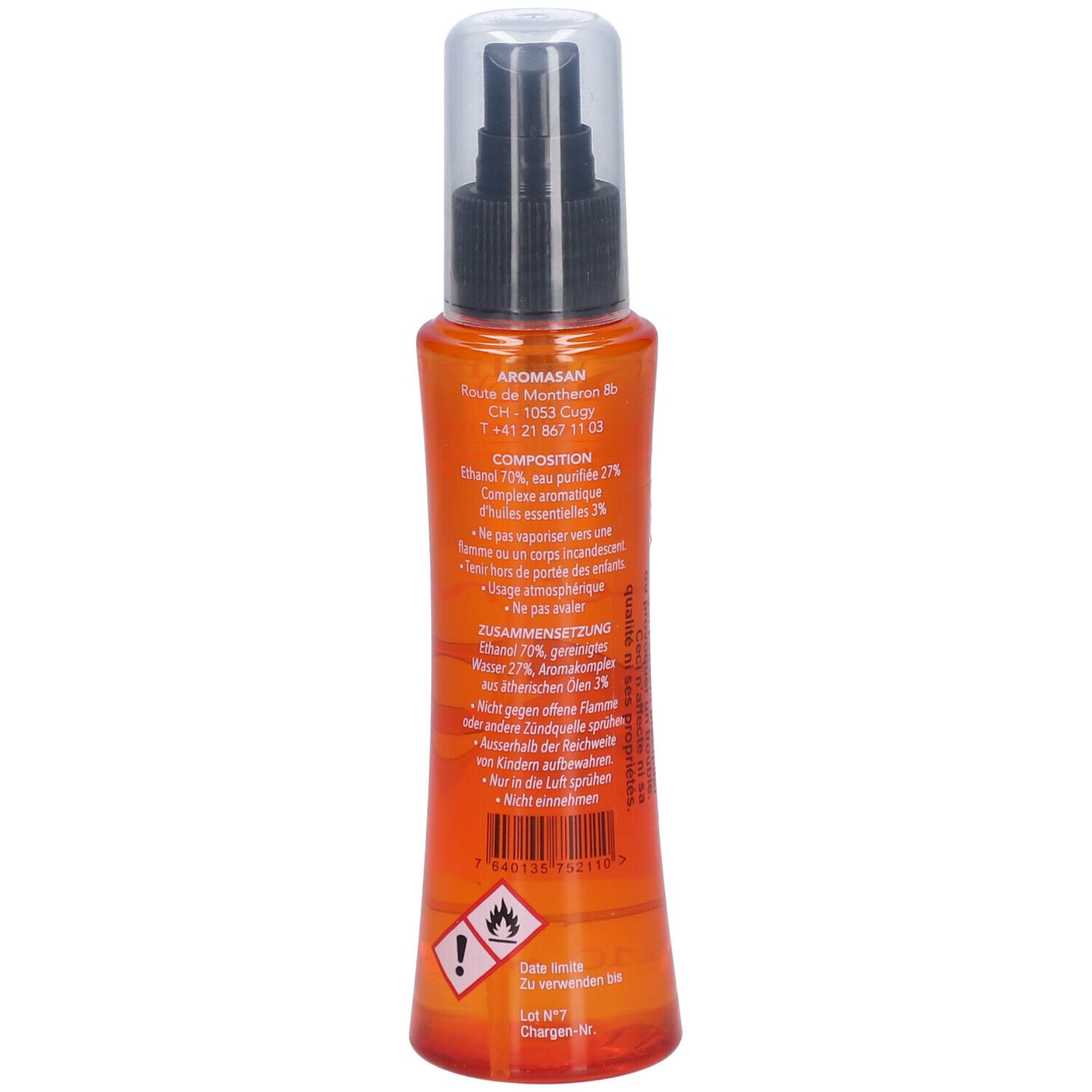 Vue arrière du flacon spray orange. Texte en allemand et en français. Contient un avertissement et des ingrédients.