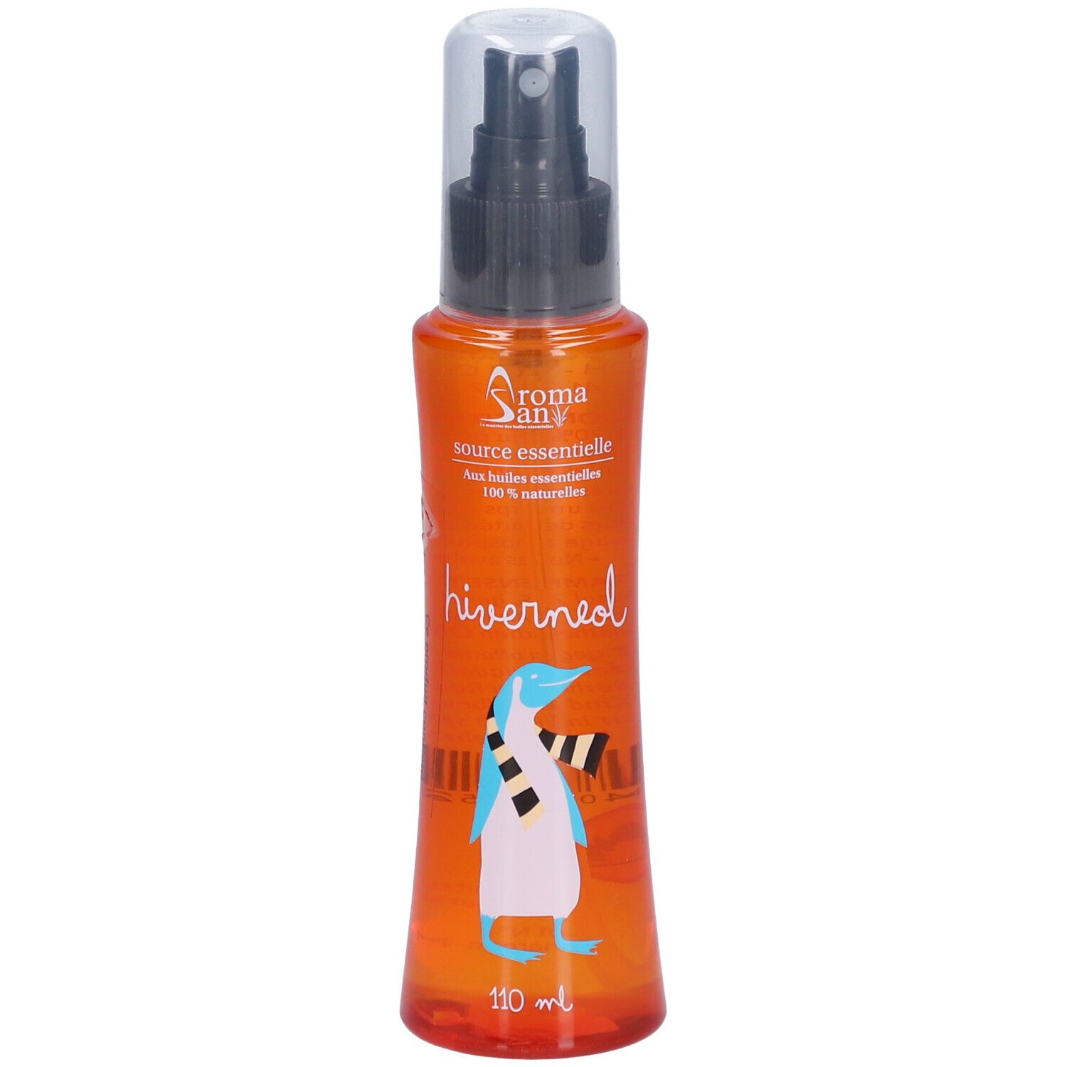 Flacon spray orange avec tête de pulvérisation noire et bouchon transparent. Inscription 'hiverneol' et illustration de pingouin.