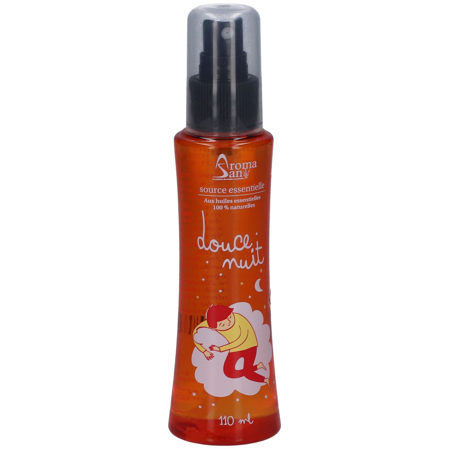Flacon spray orange avec tête noire. Inscription "douce nuit" et illustration d'un enfant dormant.