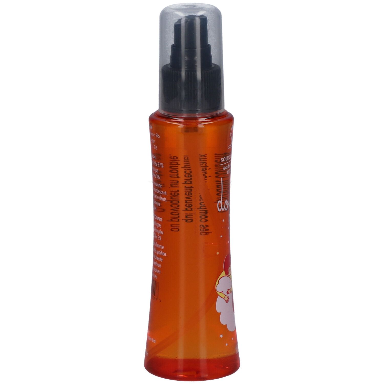 Flacon spray orange, dos avec texte. Contient des informations sur la composition et des avertissements.