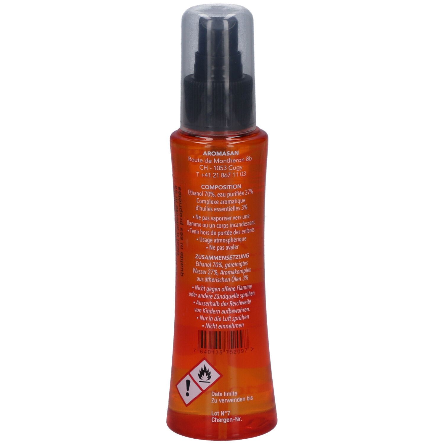 Vue arrière du flacon spray orange. Texte avec ingrédients, avertissements et informations du fabricant.
