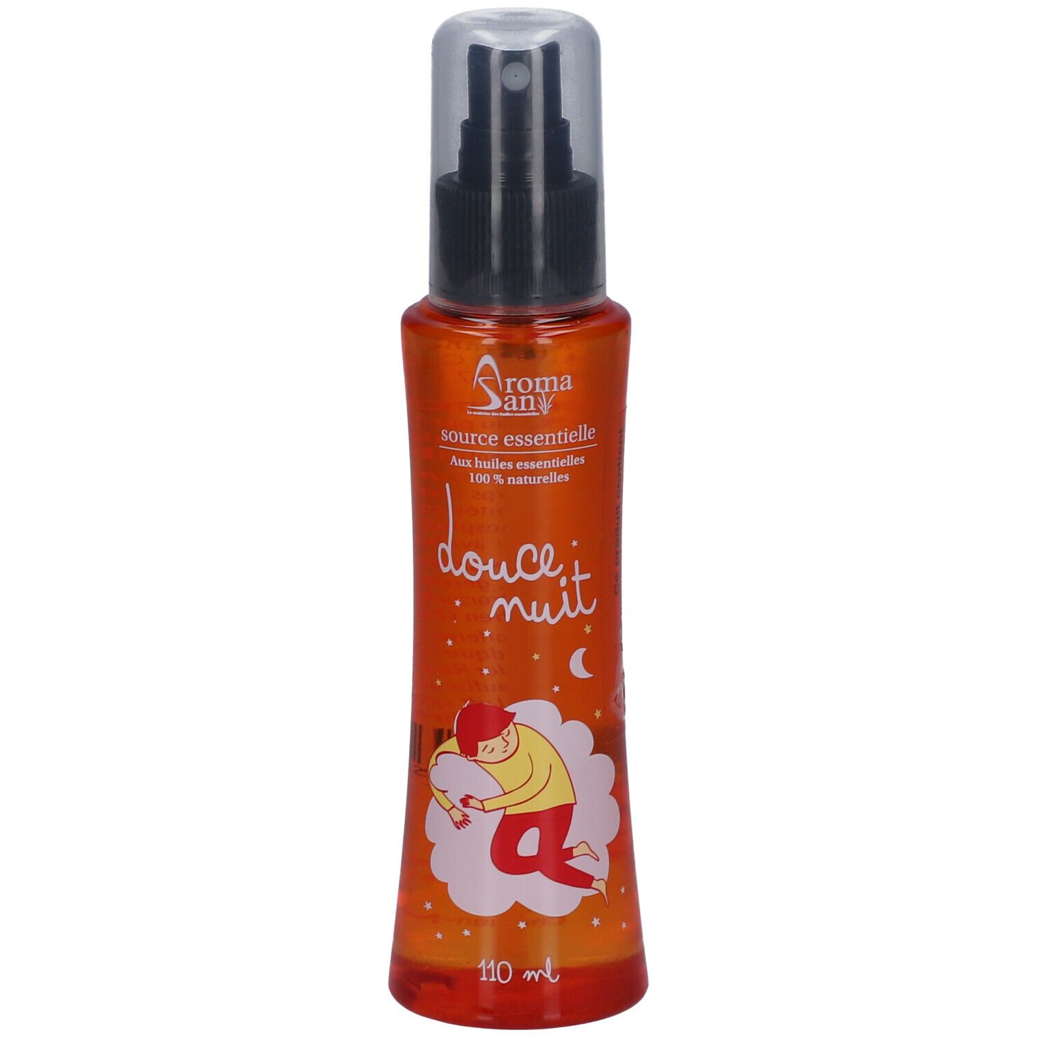Flacon spray orange avec tête noire. Inscription "douce nuit" et illustration d'un enfant.