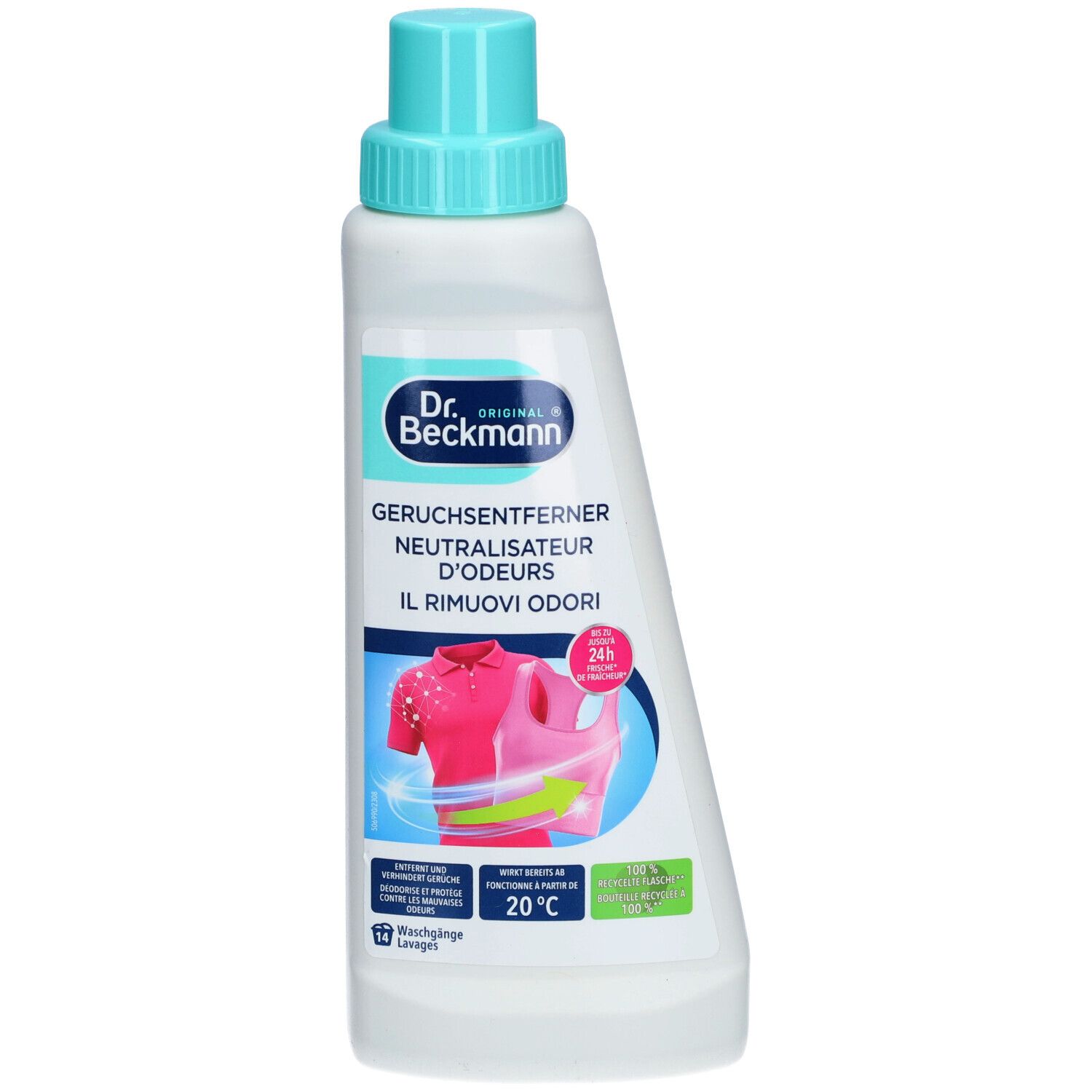 Flacon avec bouchon bleu. Étiquette avec nom du produit et image d'un vêtement. Texte : Neutralisateur d'odeurs.