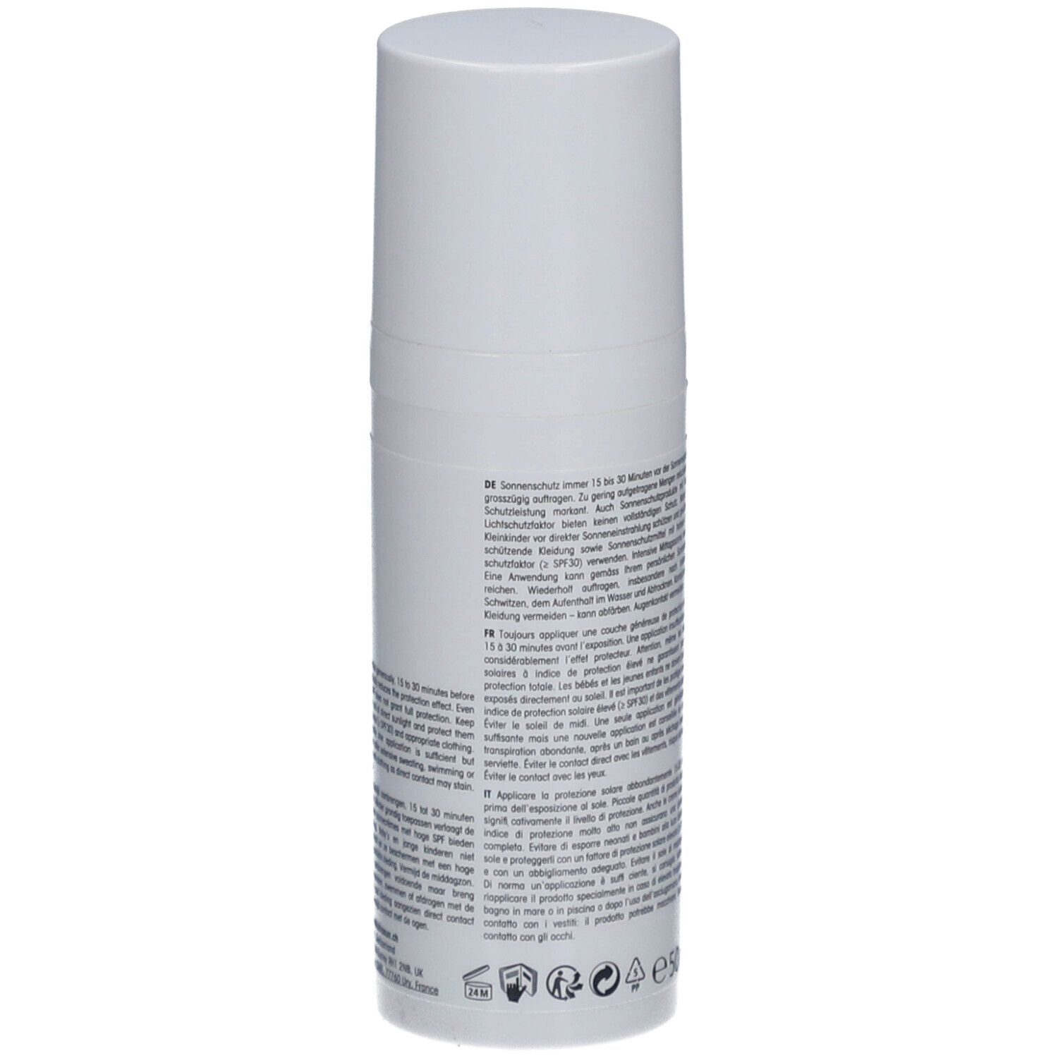 Dos d'un flacon blanc avec texte. Inscription: informations sur l'utilisation et les ingrédients. En bas: 50ml.