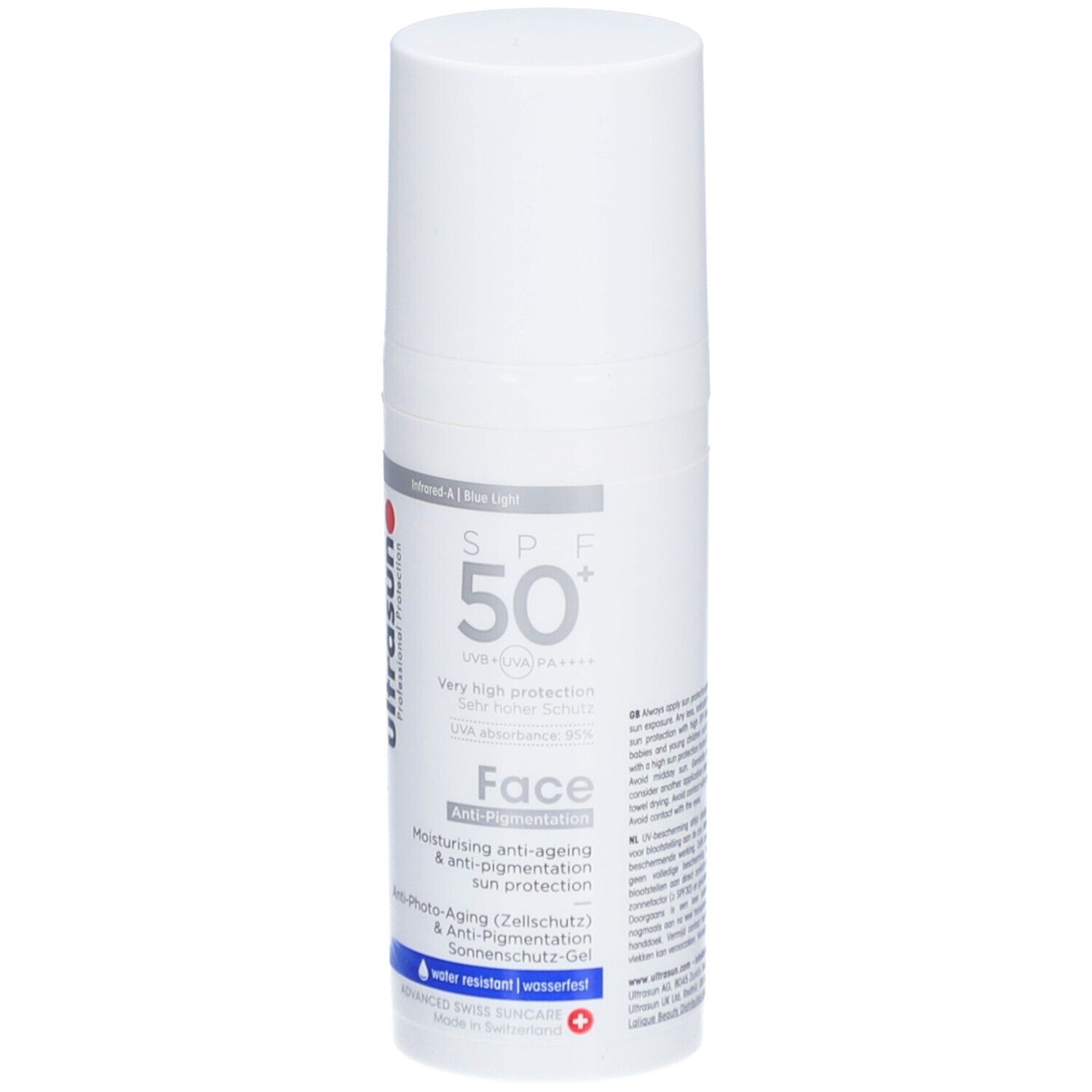 Flacon blanc avec texte rouge et noir. Inscription: Ultrasun, SPF 50+, Face, Anti-Photo-Aging, résistant à l'eau.