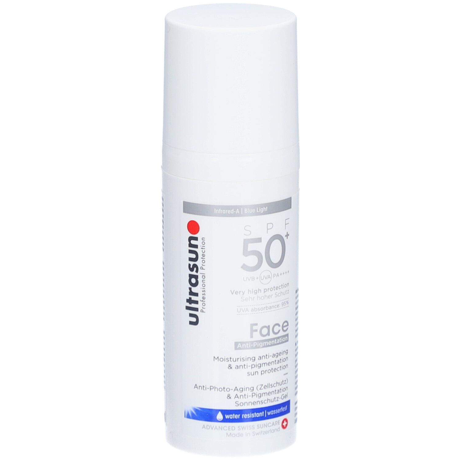 Flacon blanc avec texte rouge et noir. Inscription: Ultrasun, SPF 50+, Face, Anti-Photo-Aging, résistant à l'eau.