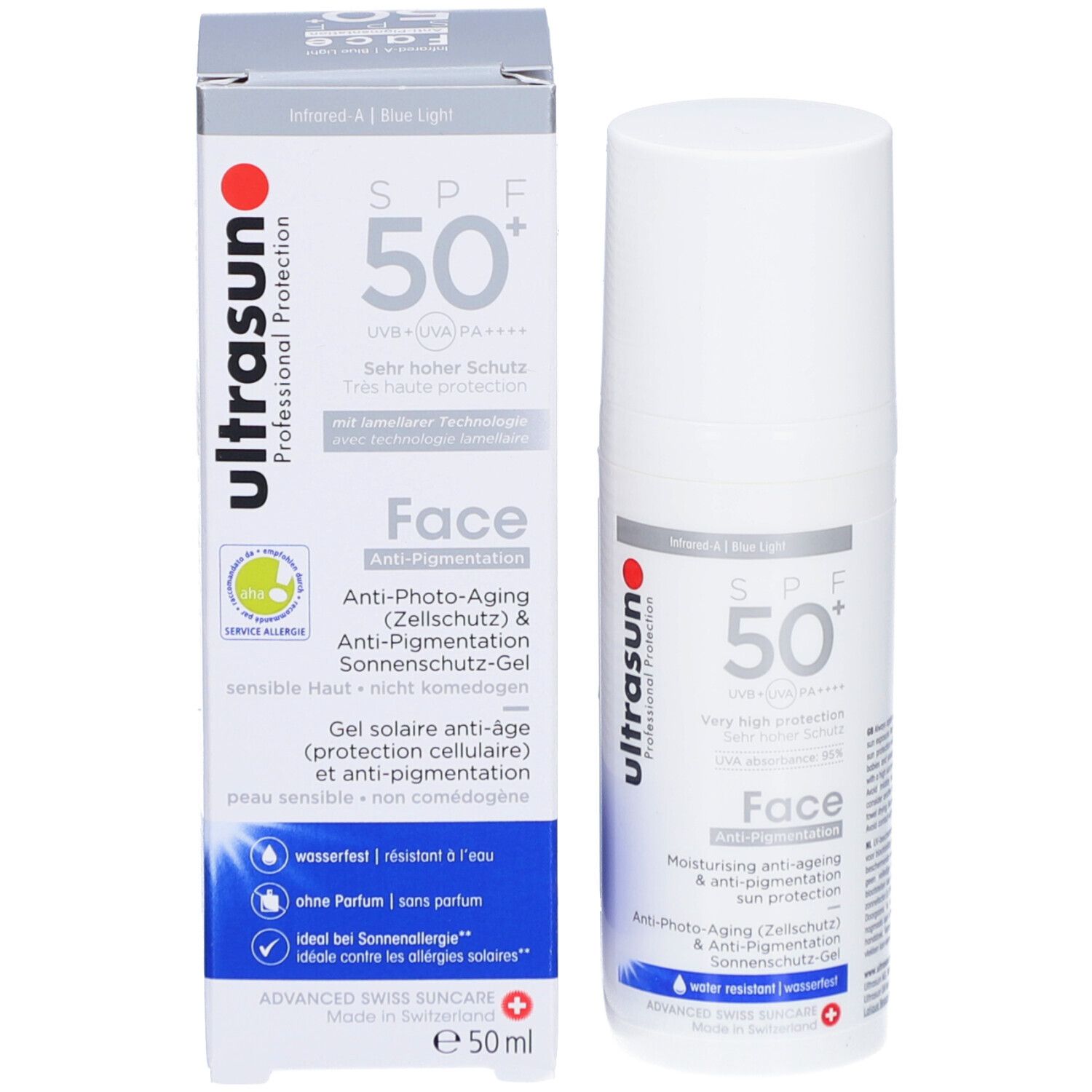 Produit et emballage. Flacon blanc et boîte avec texte rouge et noir. Inscription: Ultrasun, SPF 50+, Face, Anti-Photo-Aging, résistant à l'eau.