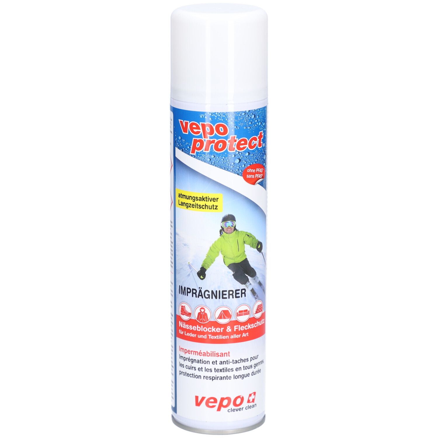Aérosol VEPOPROTECT avec spray d'imperméabilisation pour cuir et textiles. Montre un skieur dans la neige.