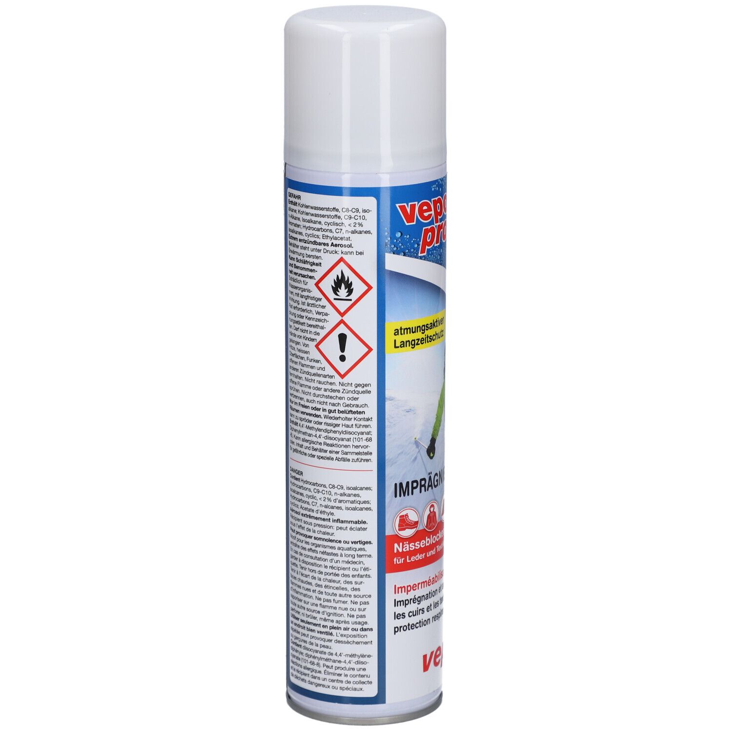 Arrière de l'aérosol VEPOPROTECT avec symboles d'avertissement et instructions d'utilisation.