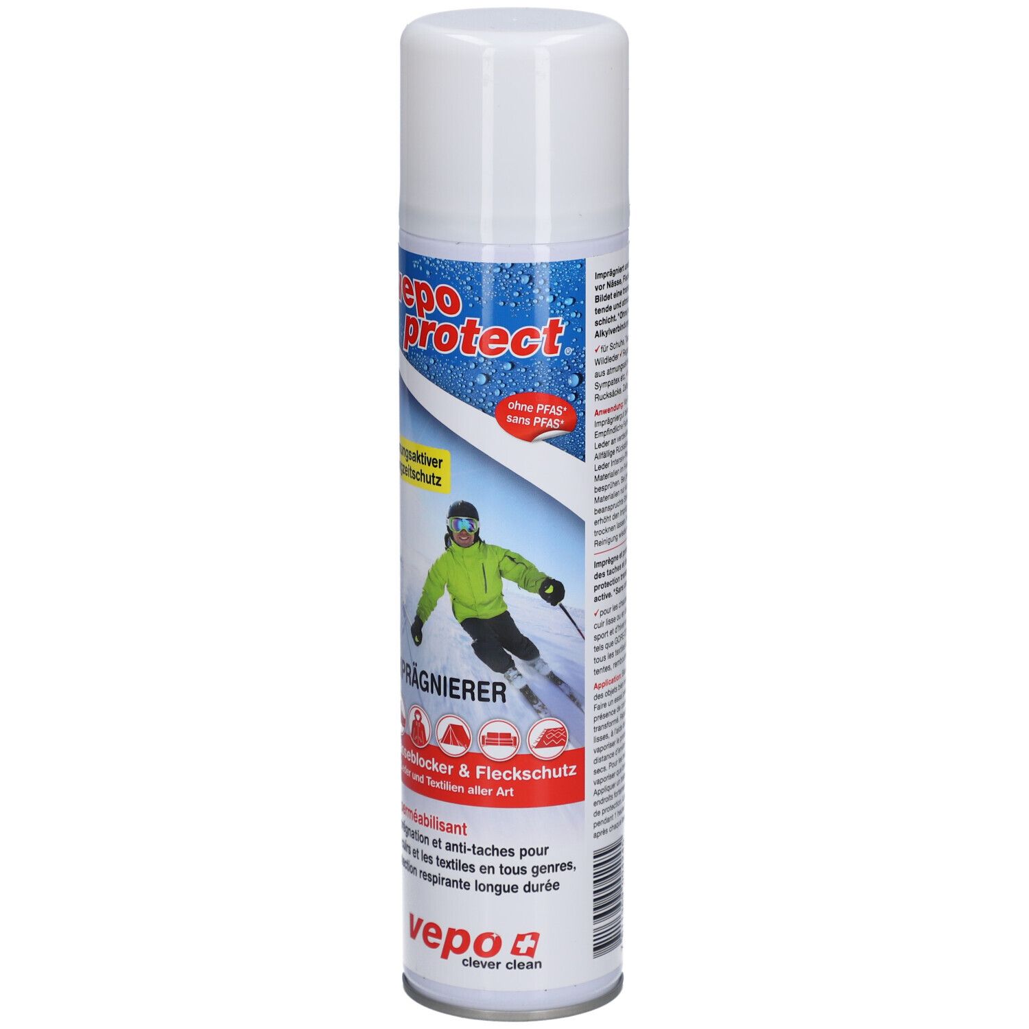 Aérosol VEPOPROTECT avec spray d'imperméabilisation pour cuir et textiles. Montre un skieur dans la neige.