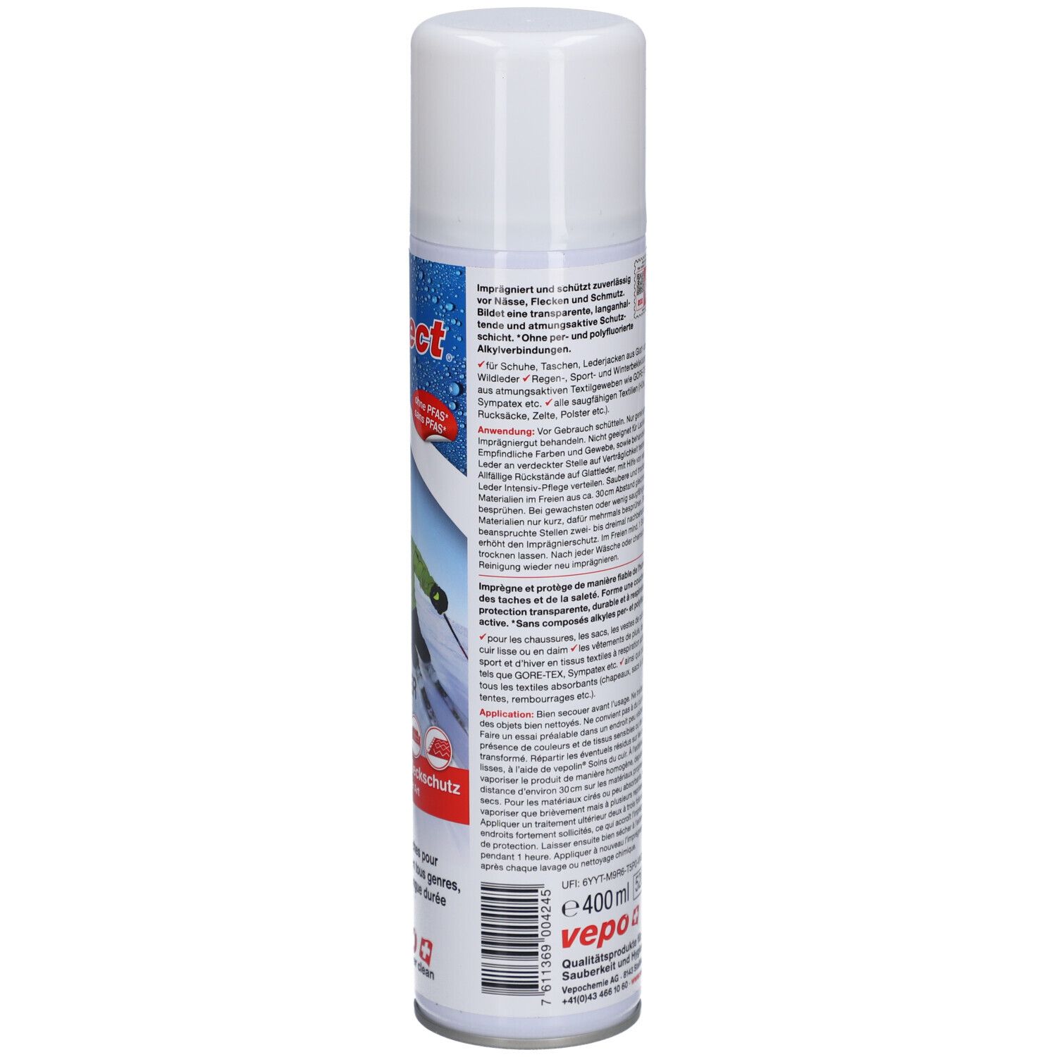 Aérosol avec bouchon blanc. Dos avec texte et avertissements. Inscription: vepo protect. Volume: 400 ml.