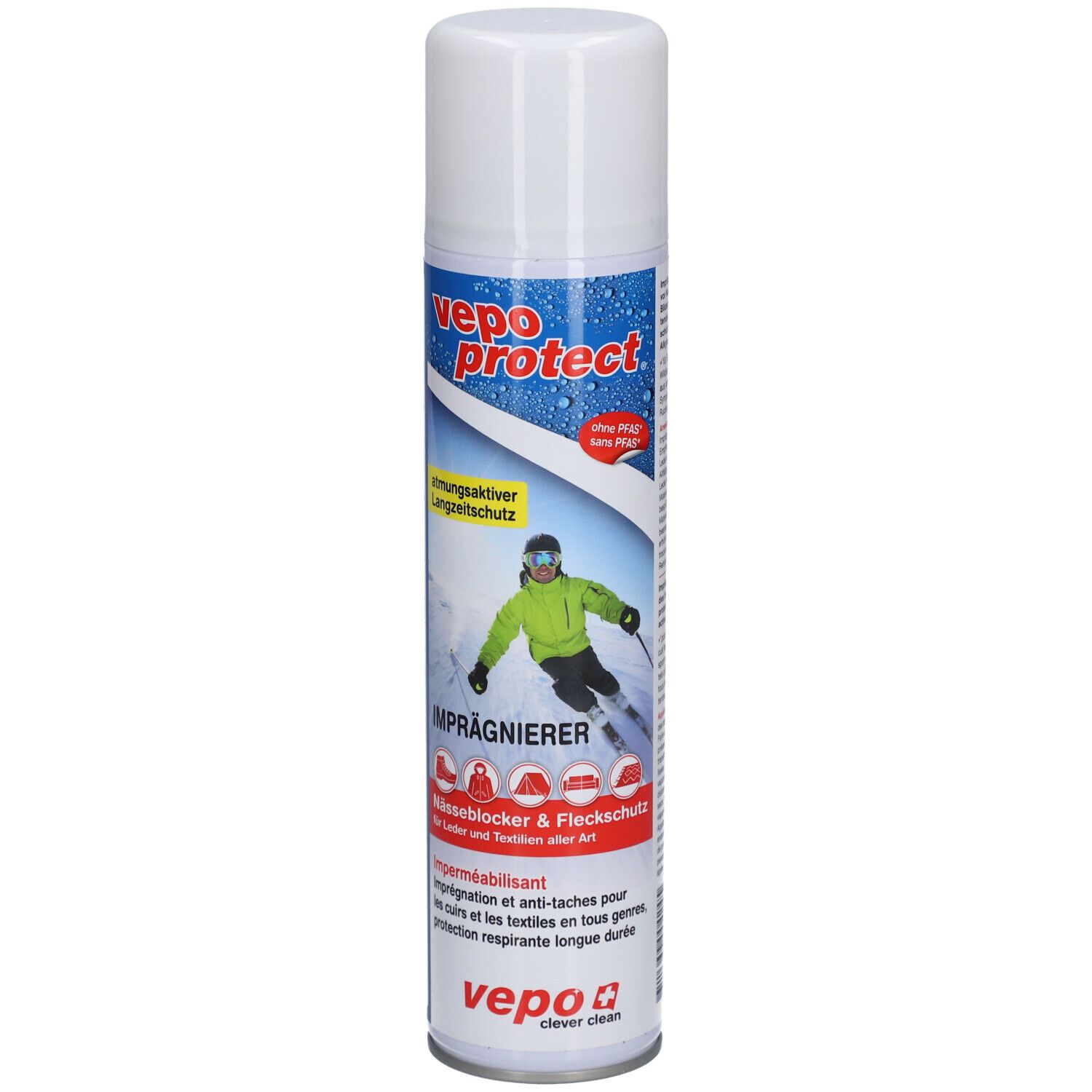 Aérosol VEPOPROTECT avec spray d'imperméabilisation pour cuir et textiles. Montre un skieur dans la neige.