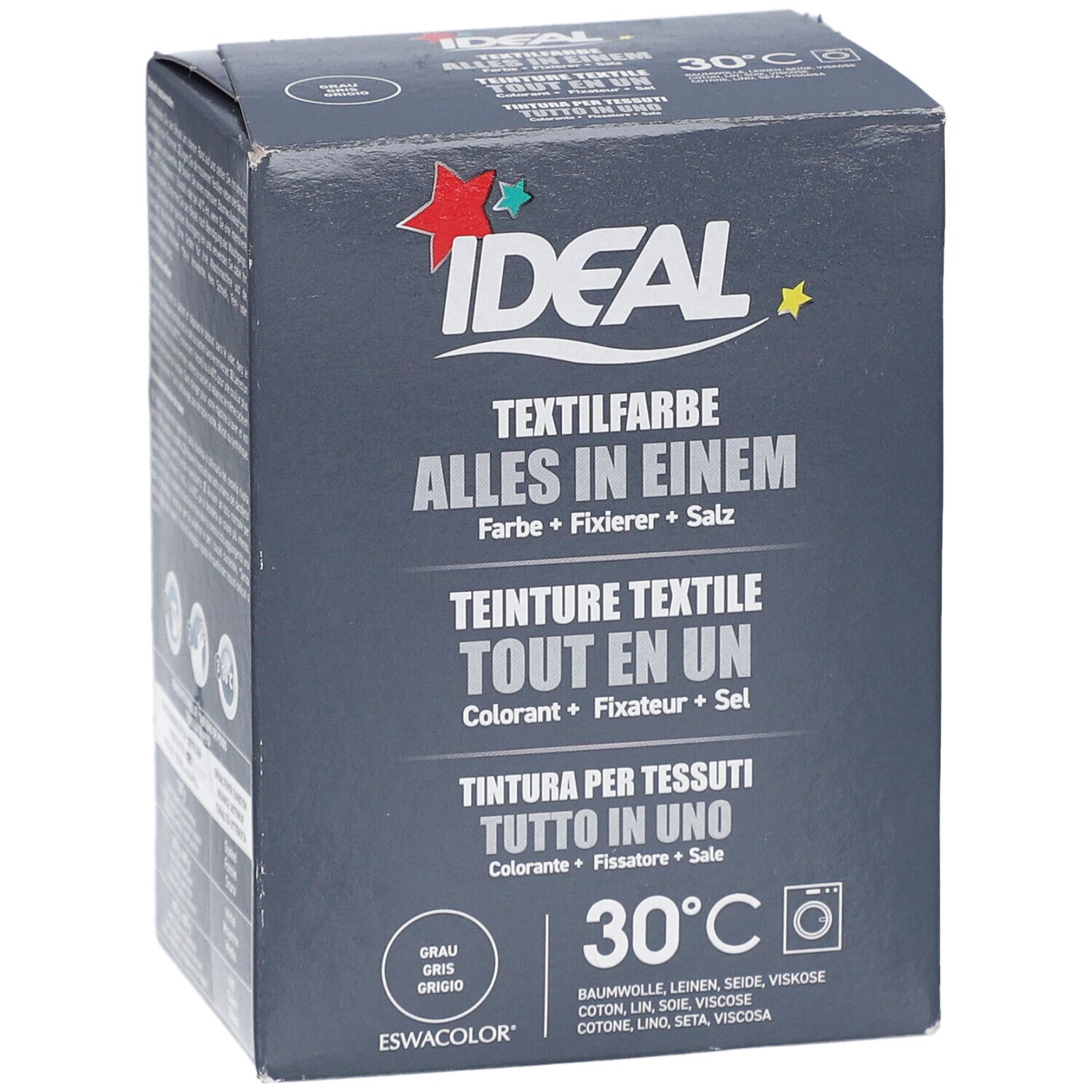 Face avant de la boîte. Inscription: IDEAL Teinture textile Tout en un. Contient colorant, fixateur et sel. Symbole machine à laver et 30°C.