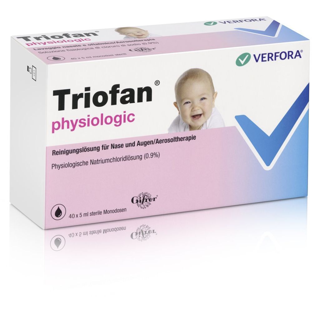 Boîte TrioFan Physiologic avec photo de bébé. Solution de nettoyage pour le nez et les yeux. 40 x 5 ml monodoses stériles.