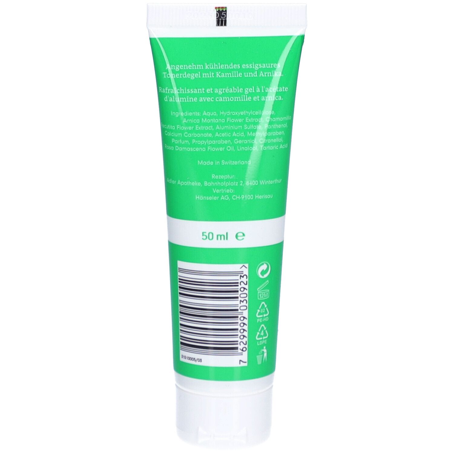 Dos du tube vert. Texte: 'Gel d'argile acétique rafraîchissant avec camomille et arnica'. Code-barres.