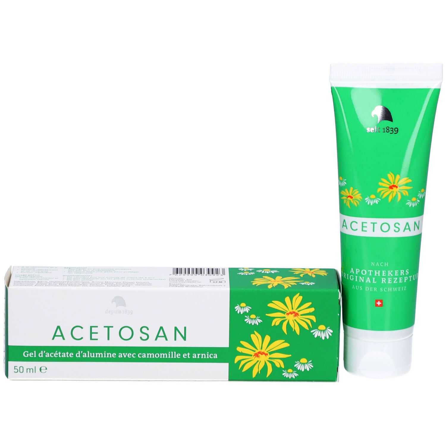 Emballage du produit: tube et boîte. Inscription 'ACETOSAN'. Fleurs jaunes et blanches. Texte: 'Gel d'acétate d'alumine avec camomille et arnica'.
