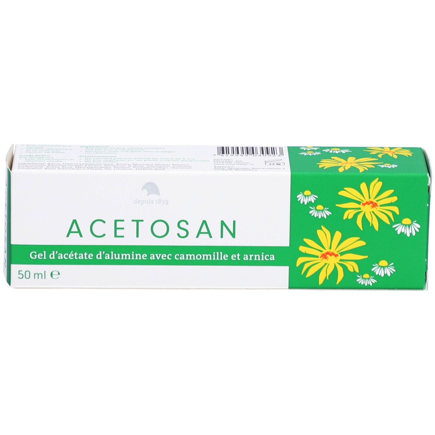 Boîte blanche avec des accents verts. Inscription 'ACETOSAN'. Fleurs jaunes et blanches. Texte: 'Gel d'acétate d'alumine avec camomille et arnica'.
