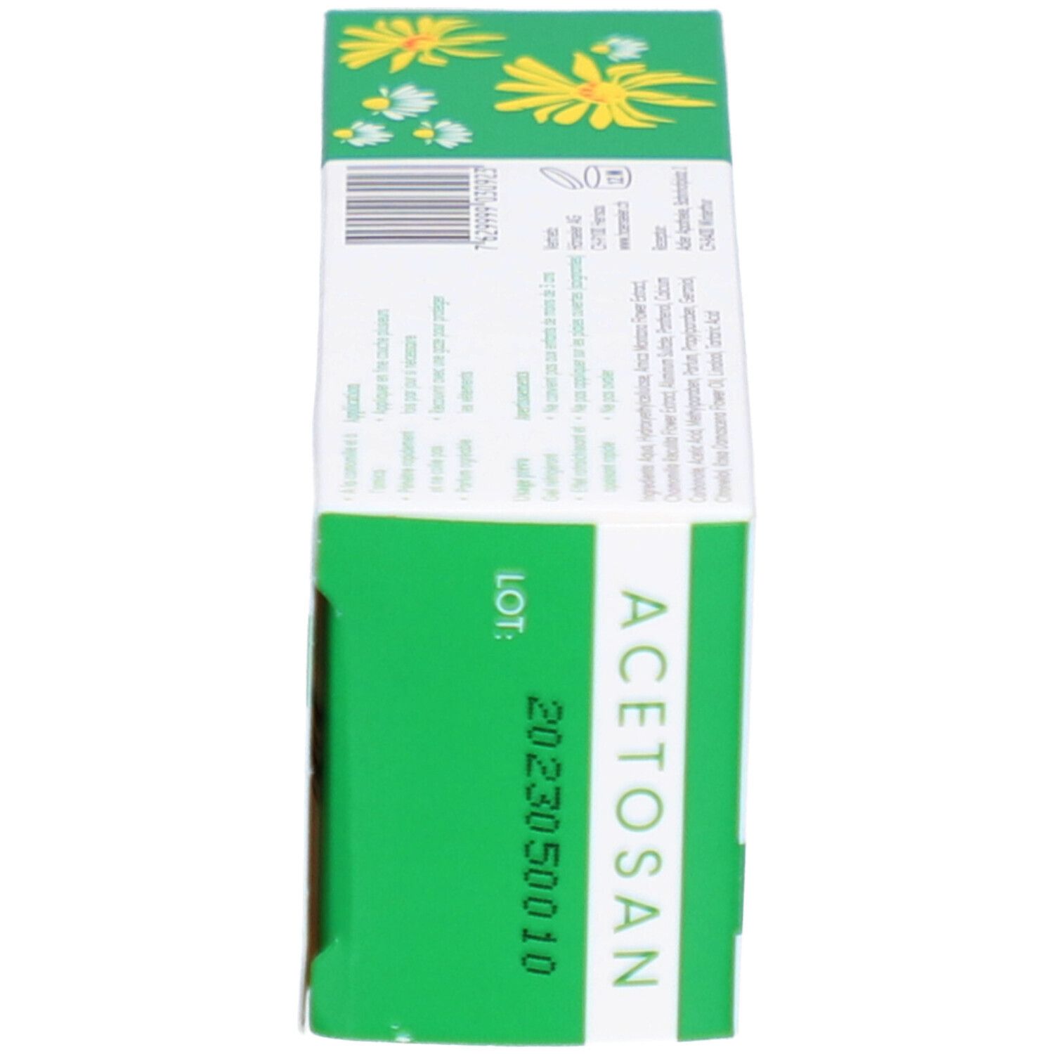 Vue latérale de la boîte. Inscription 'ACETOSAN'. Texte: 'LOT: 2023050010'. Fleurs jaunes et blanches. Accents verts.