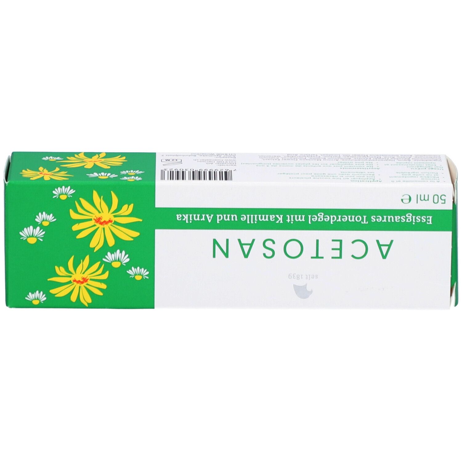 Boîte avec inscription 'ACETOSAN'. Texte: 'Gel d'argile acétique avec camomille et arnica'. Fleurs jaunes et blanches.