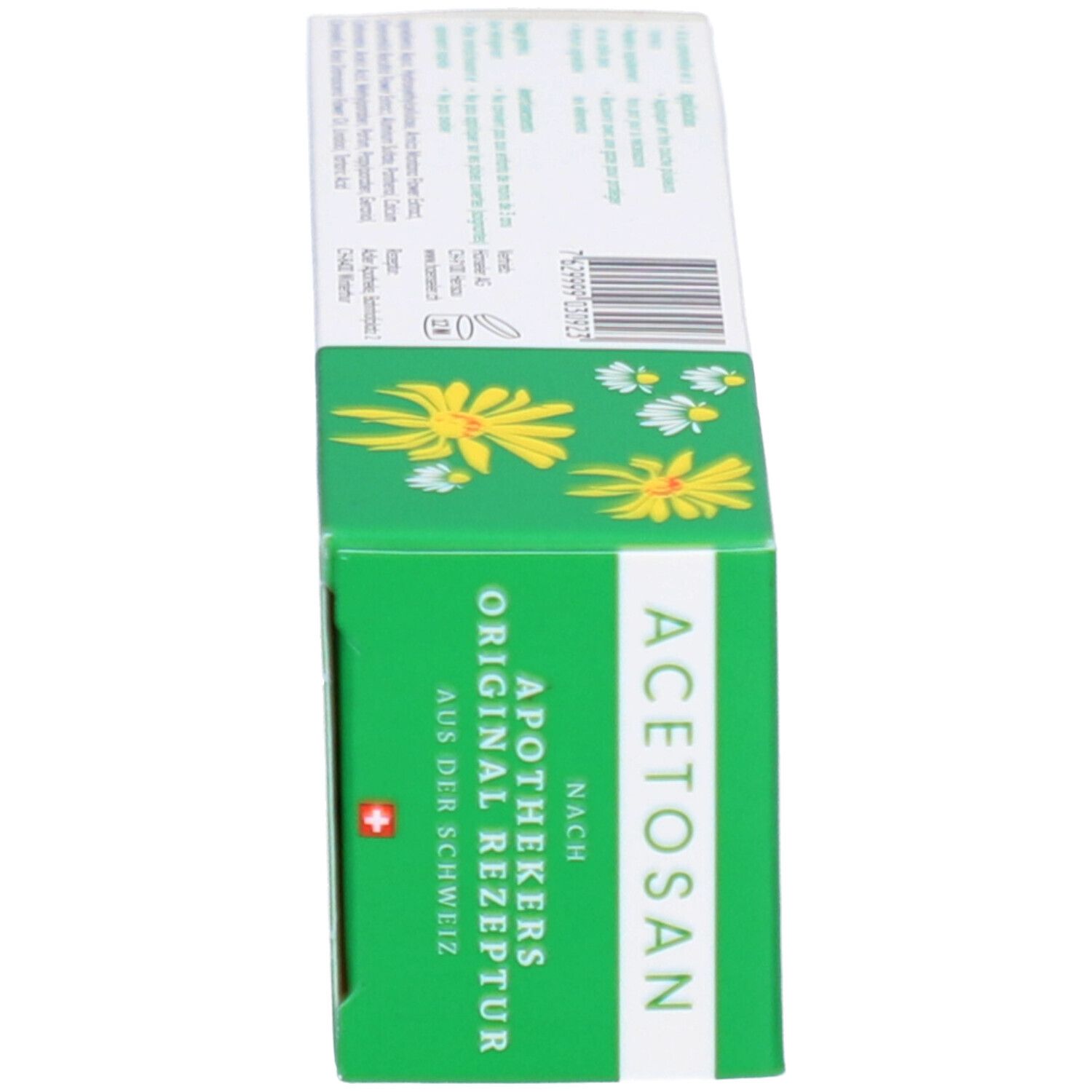 Boîte avec inscription 'ACETOSAN'. Texte: 'SELON LA RECETTE ORIGINALE DES PHARMACIENS SUISSES'. Fond vert.