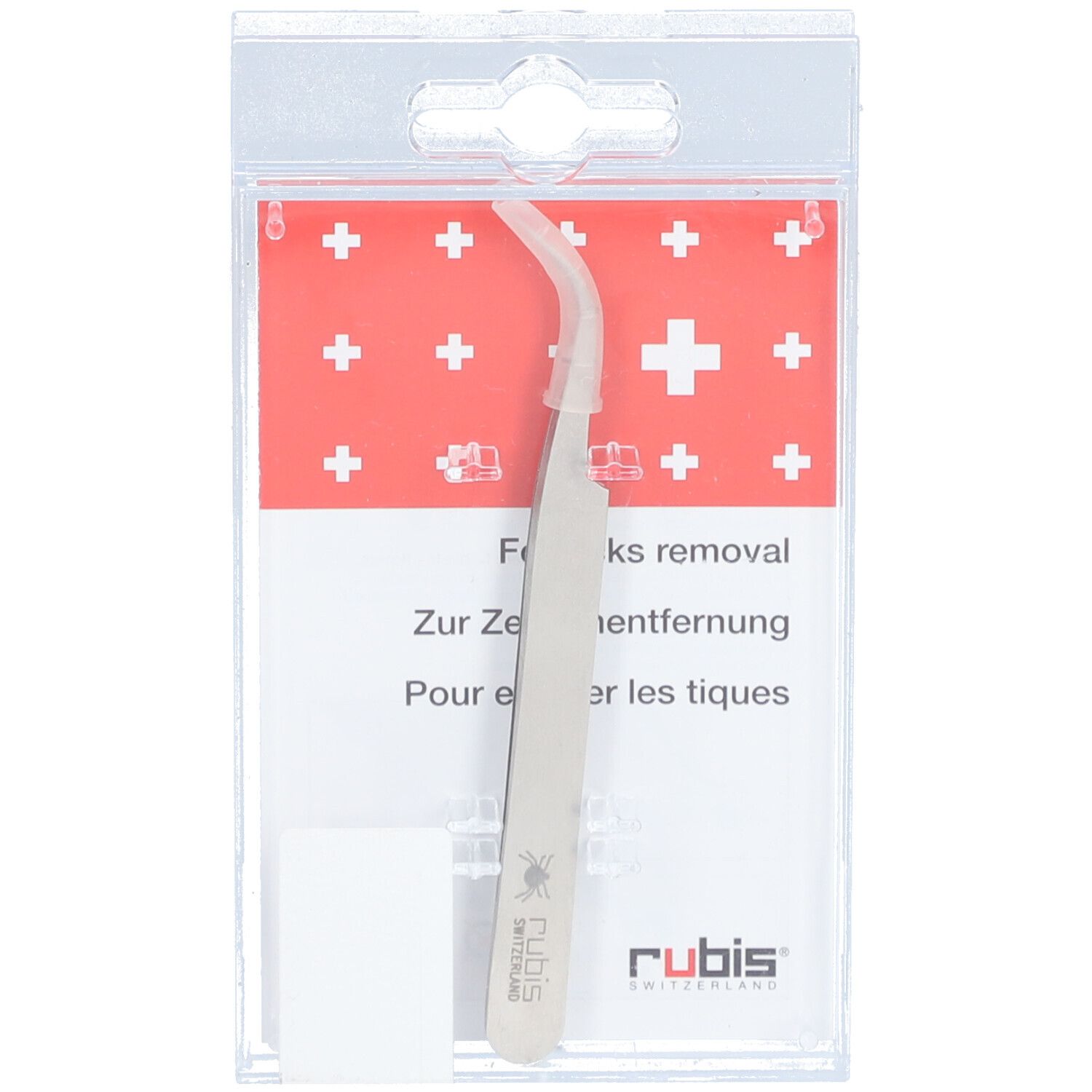 Pince à tiques en acier inoxydable dans un emballage. Croix suisse et texte sur la carte. Logo RUBIS.