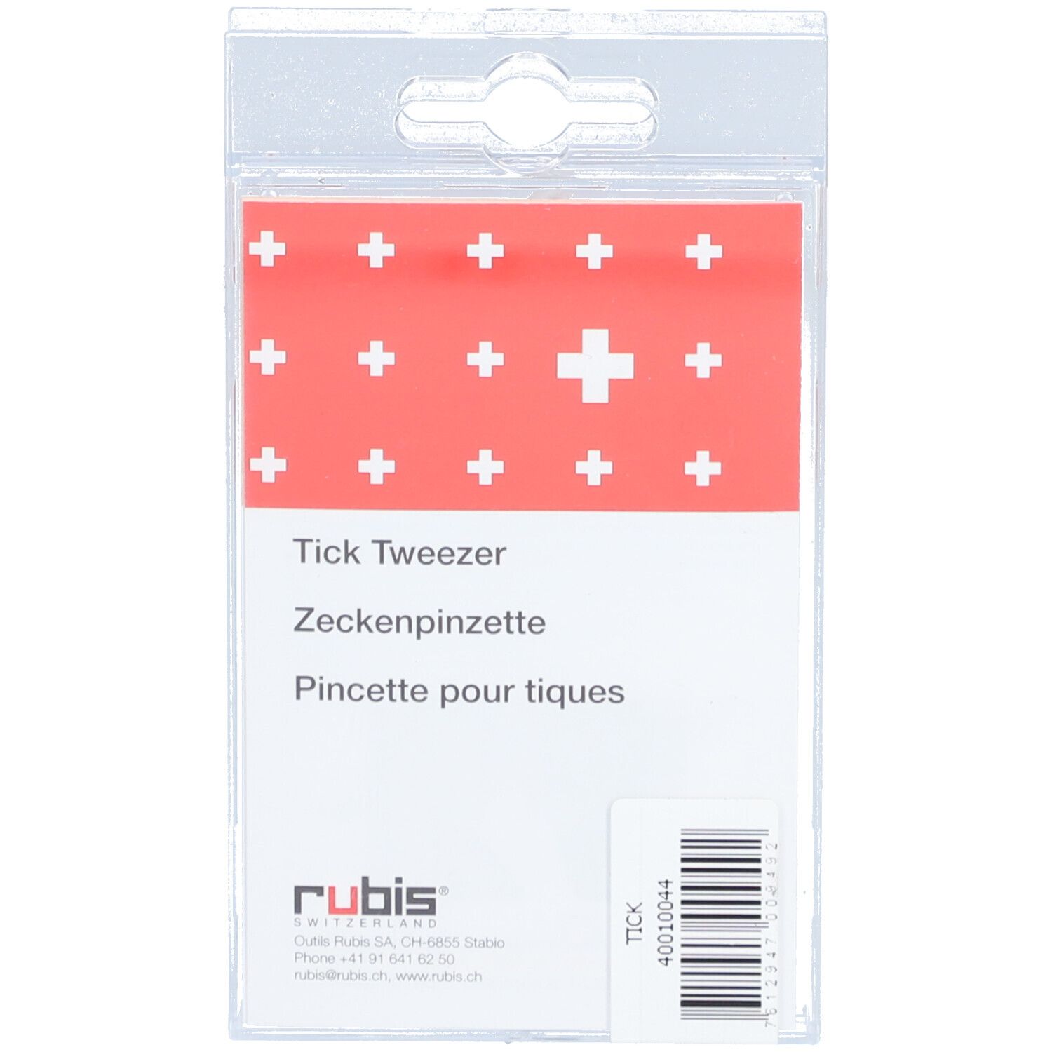 Emballage avec texte: Tick Tweezer, Zeckenpinzette, Pince pour tiques. Logo RUBIS et croix suisse.