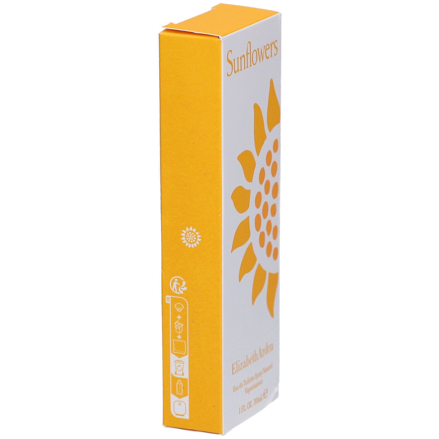 Vue latérale de la boîte Elizabeth Arden Sunflowers. Carton jaune avec tournesol blanc et texte.