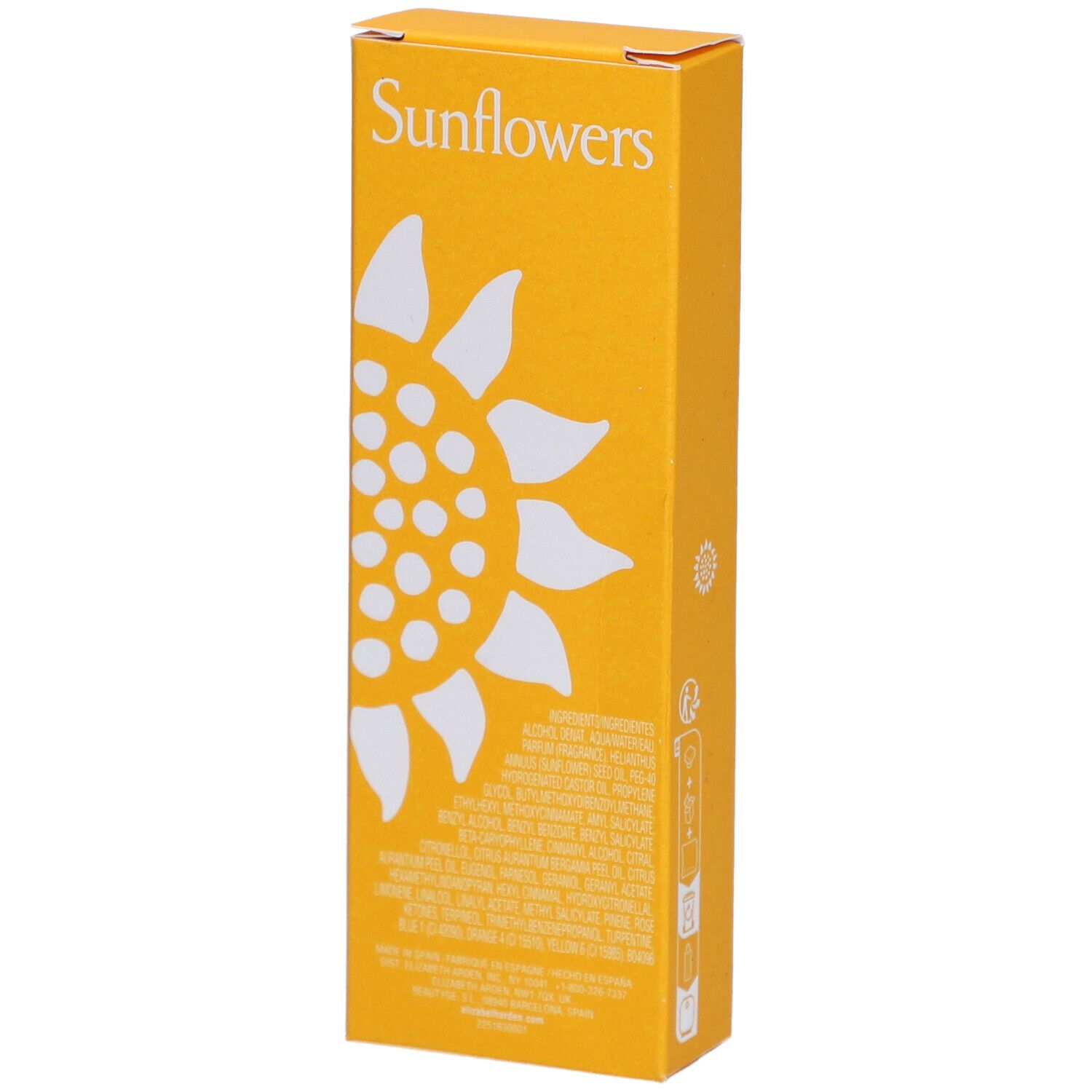 Dos de la boîte Elizabeth Arden Sunflowers. Carton jaune avec tournesol blanc et texte.