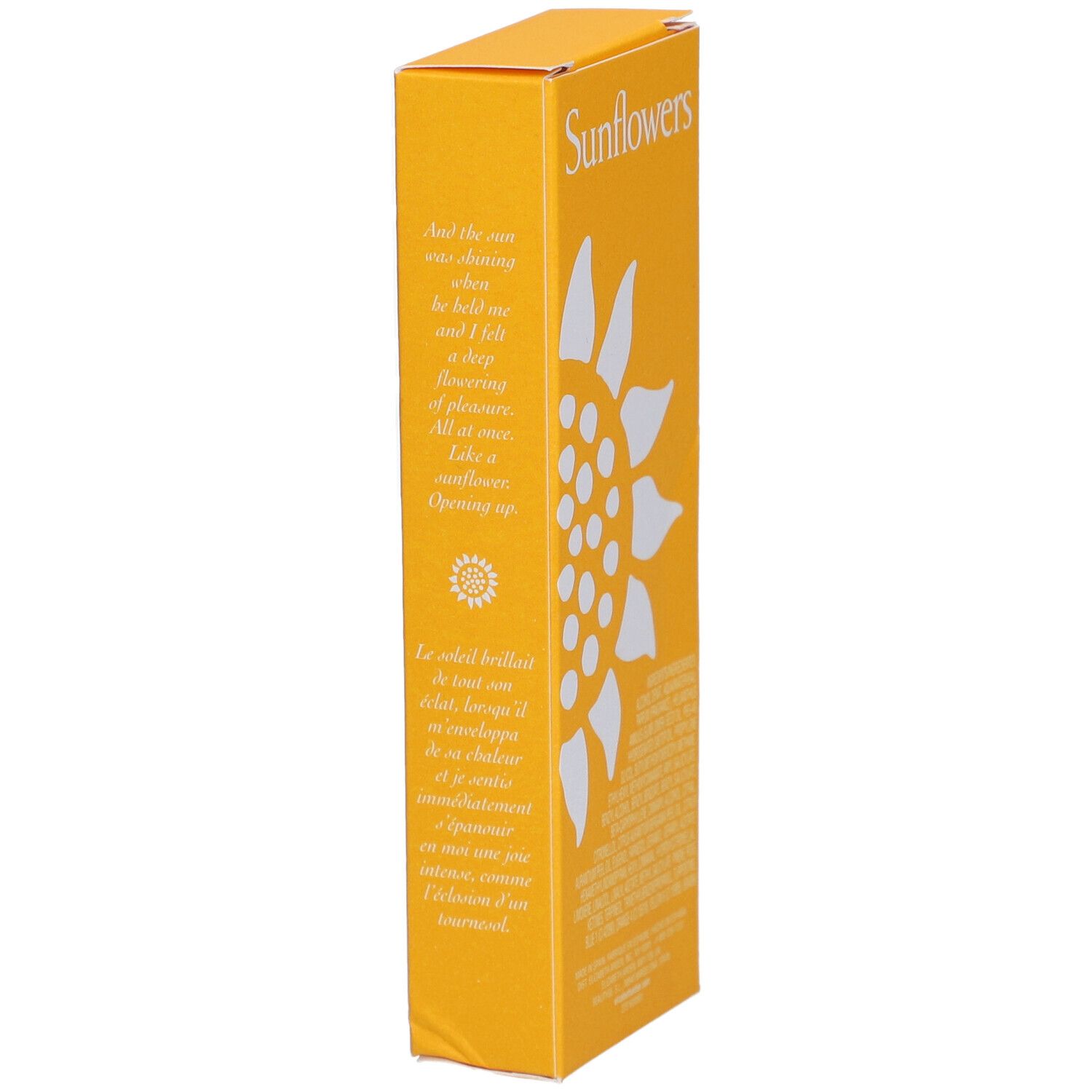 Côté de la boîte Elizabeth Arden Sunflowers avec texte en anglais et français. Carton jaune.