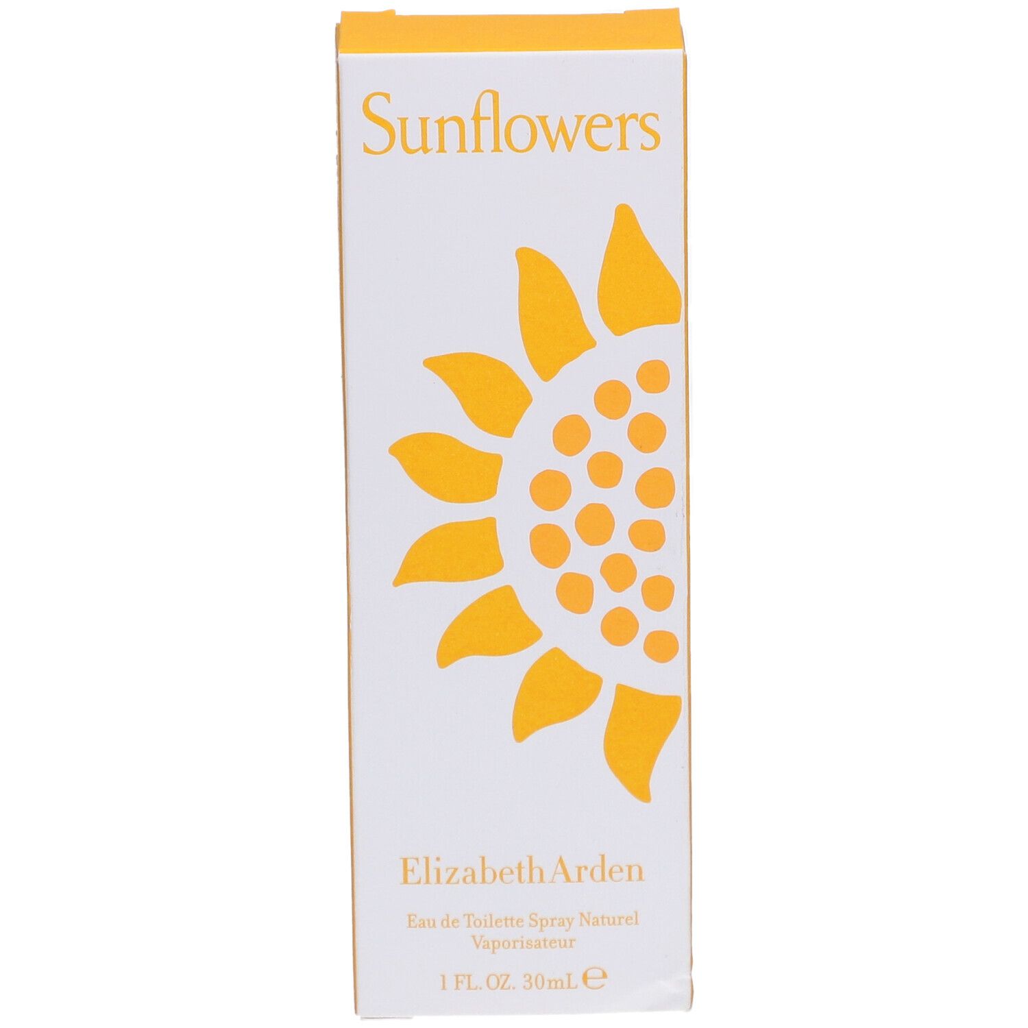Vue de face de la boîte Elizabeth Arden Sunflowers. Carton blanc avec tournesol jaune et texte.