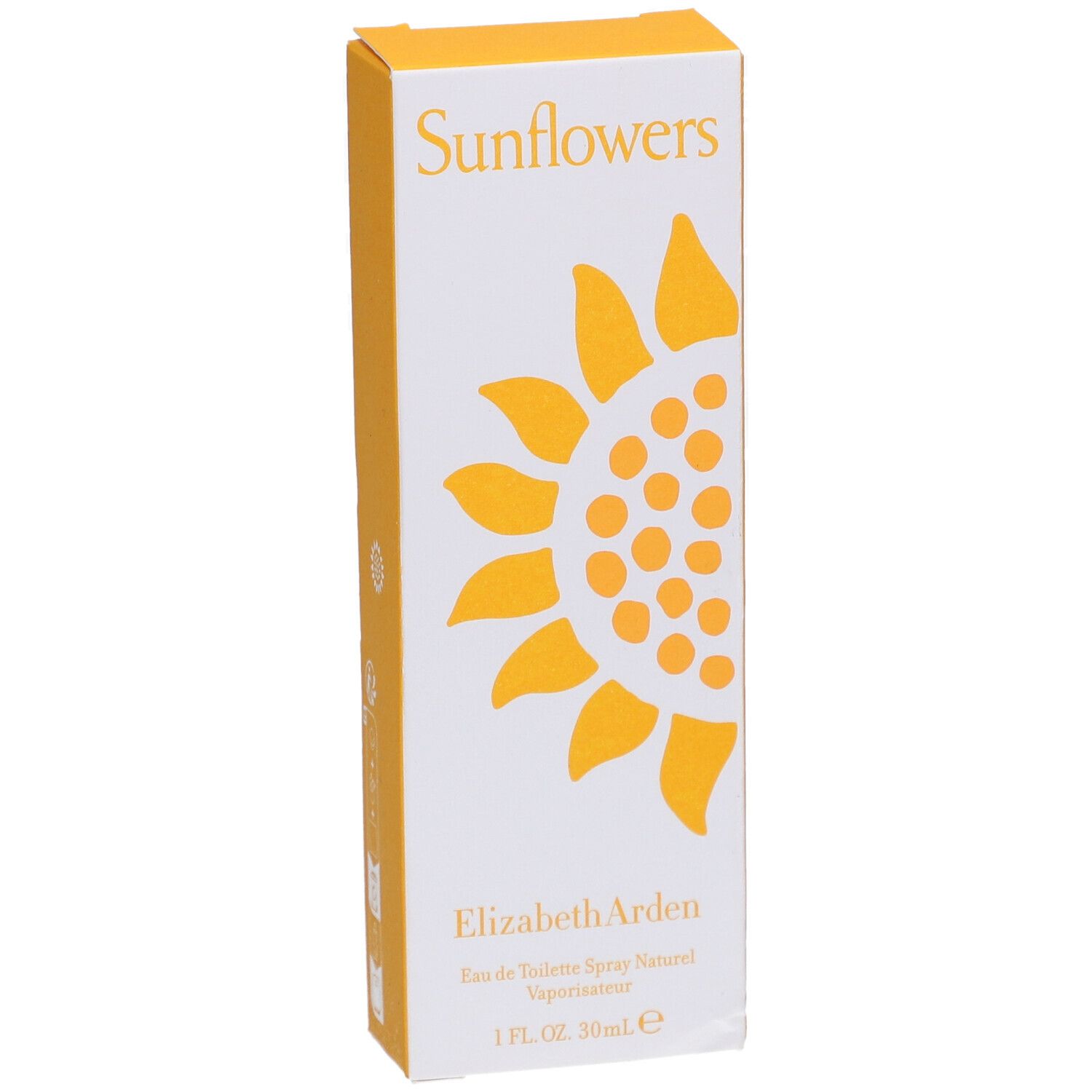 Boîte Elizabeth Arden Sunflowers. Carton blanc avec tournesol jaune et texte. 1 FL. OZ. 30ml.e