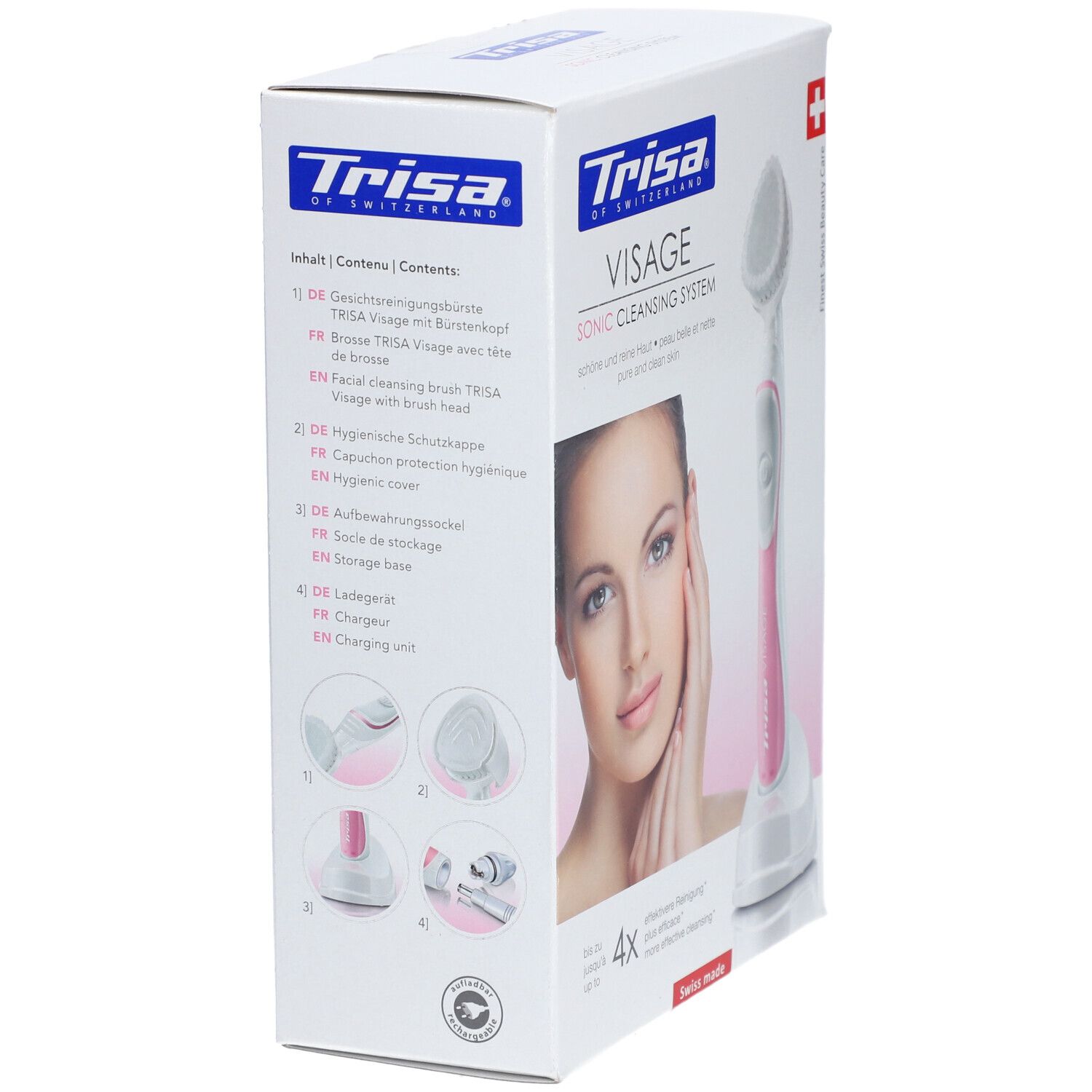Emballage produit avec contenu et illustrations. L'emballage montre une brosse visage et des accessoires. Texte en allemand et en anglais.