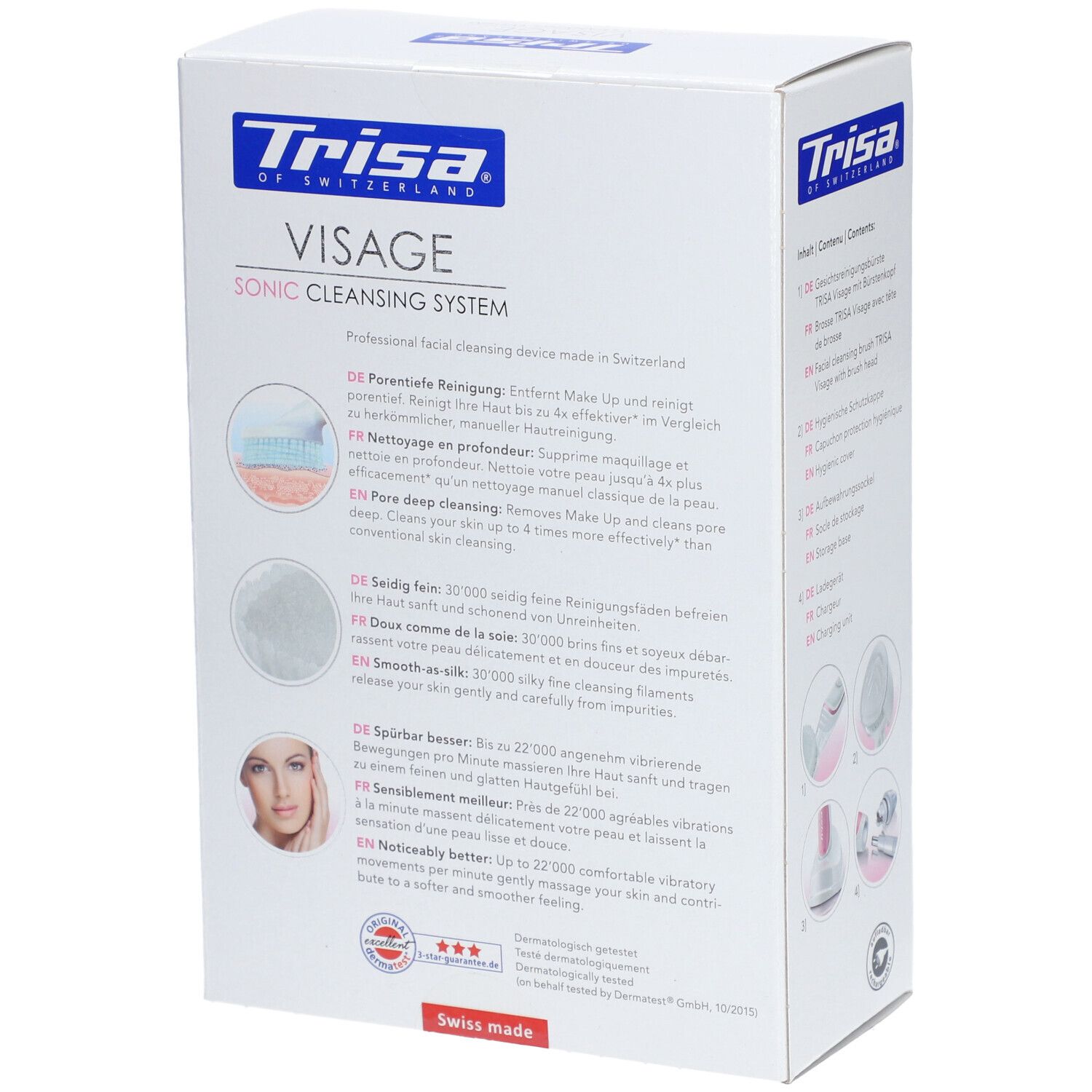 Emballage produit avec texte sur l'efficacité du nettoyage. Des illustrations montrent le fonctionnement. Texte en allemand, anglais, français.