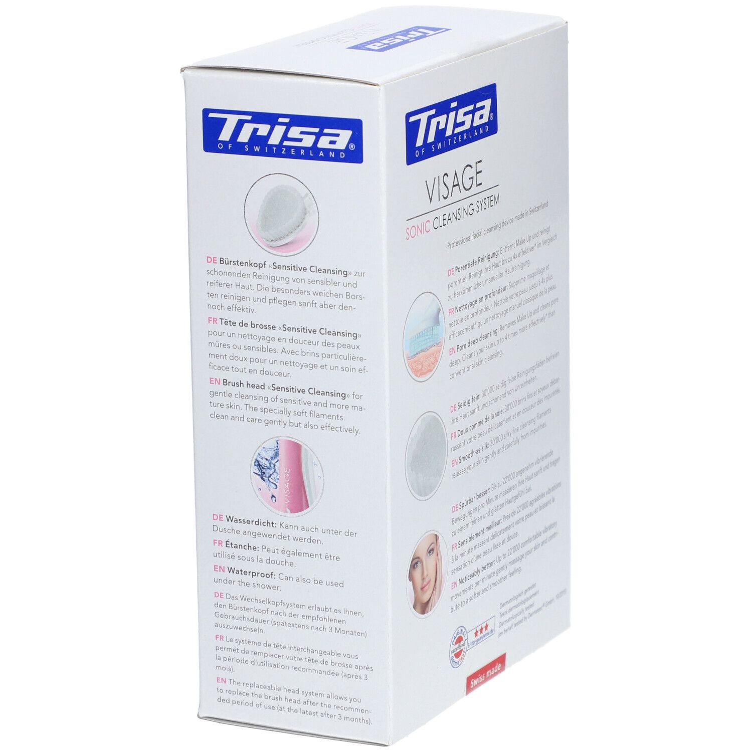 Emballage produit avec texte sur l'efficacité du nettoyage. Des illustrations montrent le fonctionnement. Texte en allemand, anglais, français.