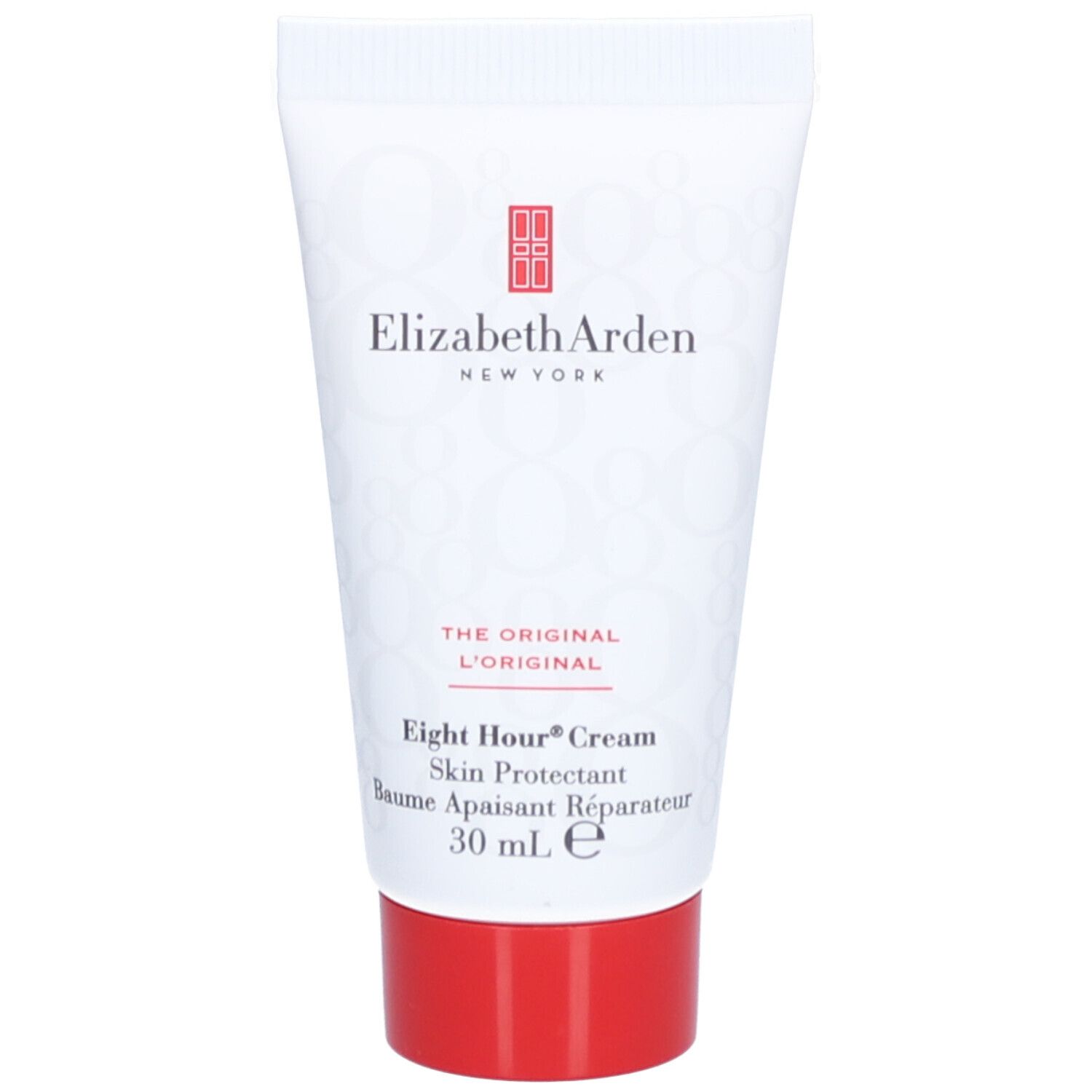 Tube blanche à bouchon rouge. Inscription: Elizabeth Arden, Eight Hour Cream, Skin Protectant, 30 ml.