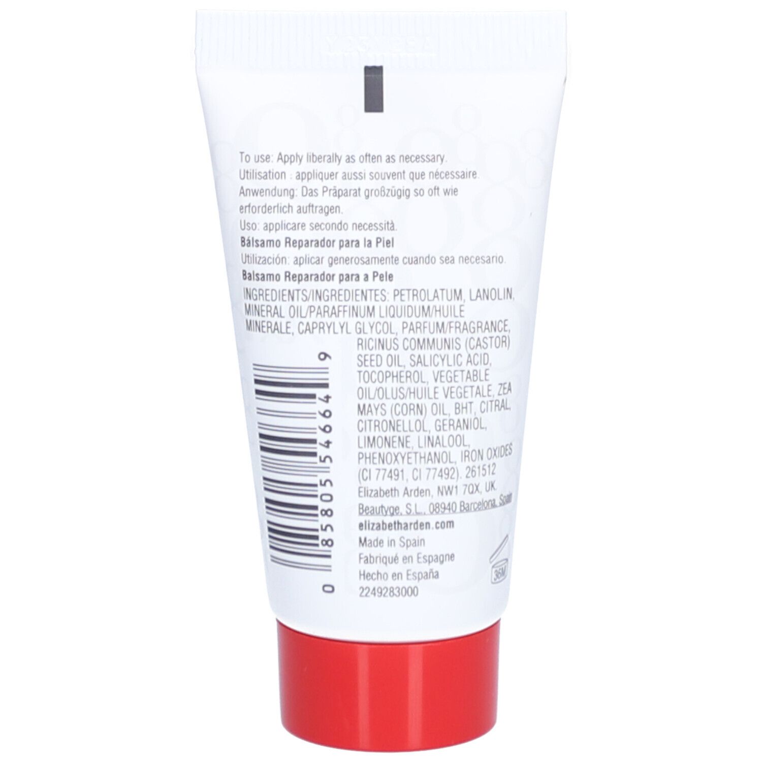 Dos du tube blanc à bouchon rouge. Texte: ingrédients, instructions d'utilisation, informations fabricant.
