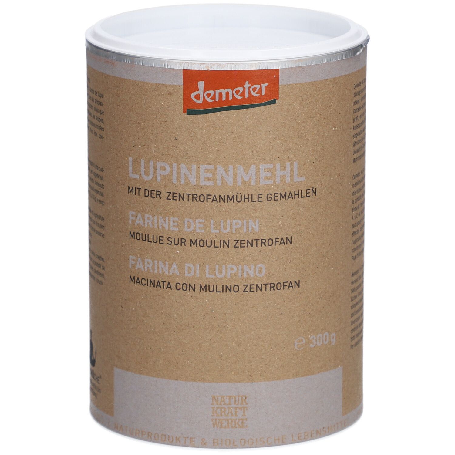 Boîte cylindrique avec "Farine de lupin". Logo Demeter. Emballage marron, couvercle blanc. 300g.
