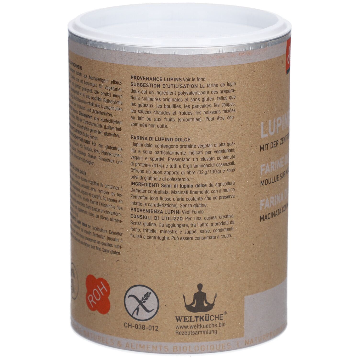 Dos de la boîte. Texte en allemand, français et italien. Symbole sans gluten. Logo Weltküche. Informations d'utilisation.