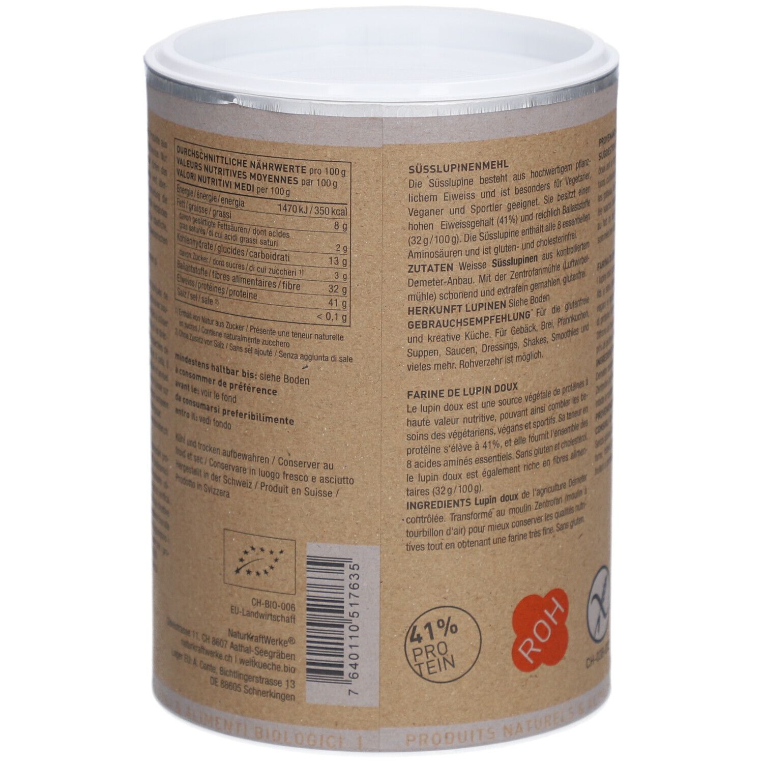 Dos de la boîte. Tableau nutritionnel. Texte en allemand, français et italien. Label bio. 41% de protéines.
