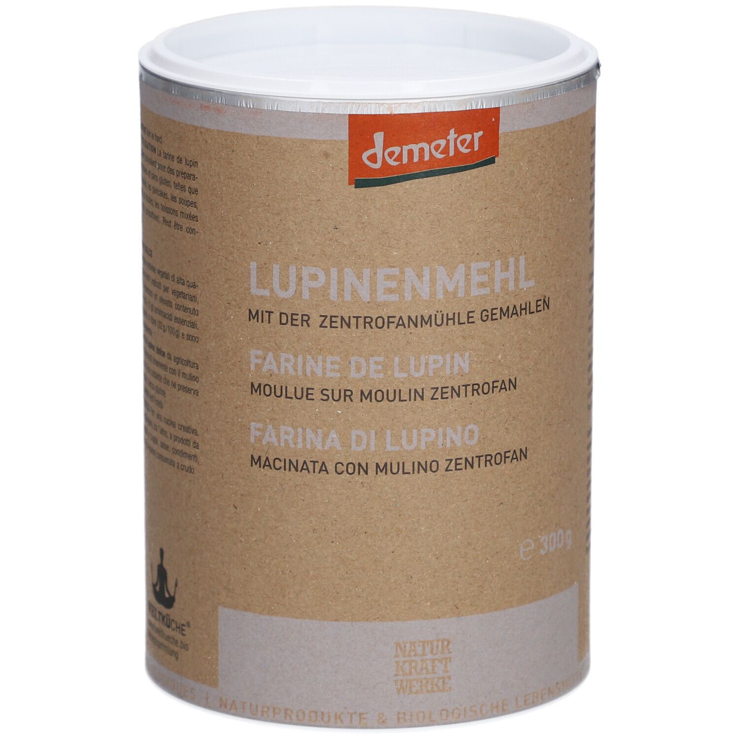 Boîte cylindrique avec "Farine de lupin". Logo Demeter. Emballage marron, couvercle blanc. 300g.