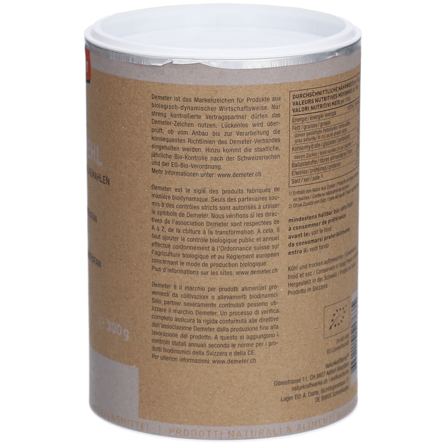 Dos de la boîte. Texte en allemand, français et italien. Label bio. Informations nutritionnelles. Logo Demeter. 300g.